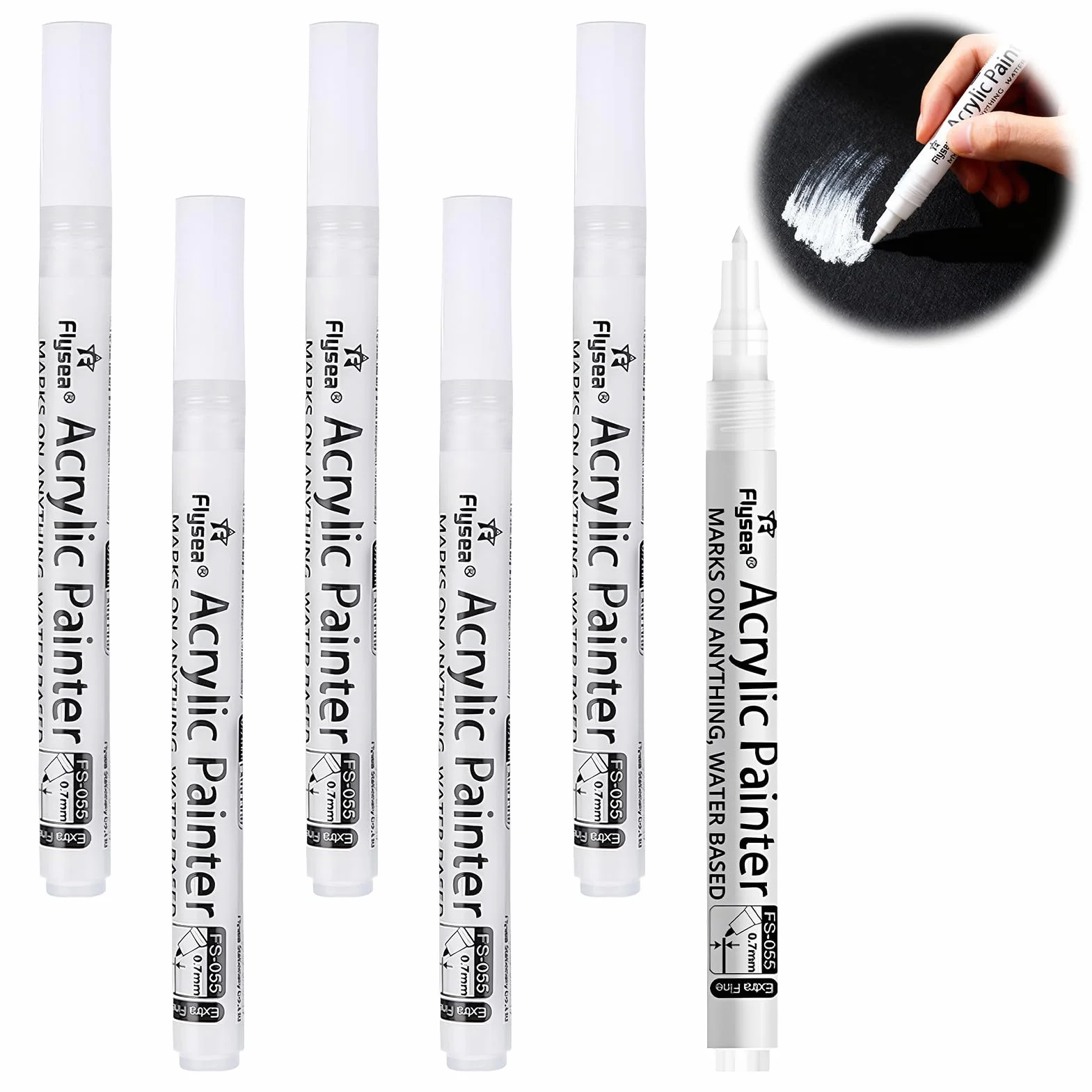 Lote de 6 rotuladores acrílicos blancos de secado rápido, punta de 0,7 mm, color blanco, punta fina, se pueden utilizar en diferentes superficies como papel madera, cáscaras de huevo, tela