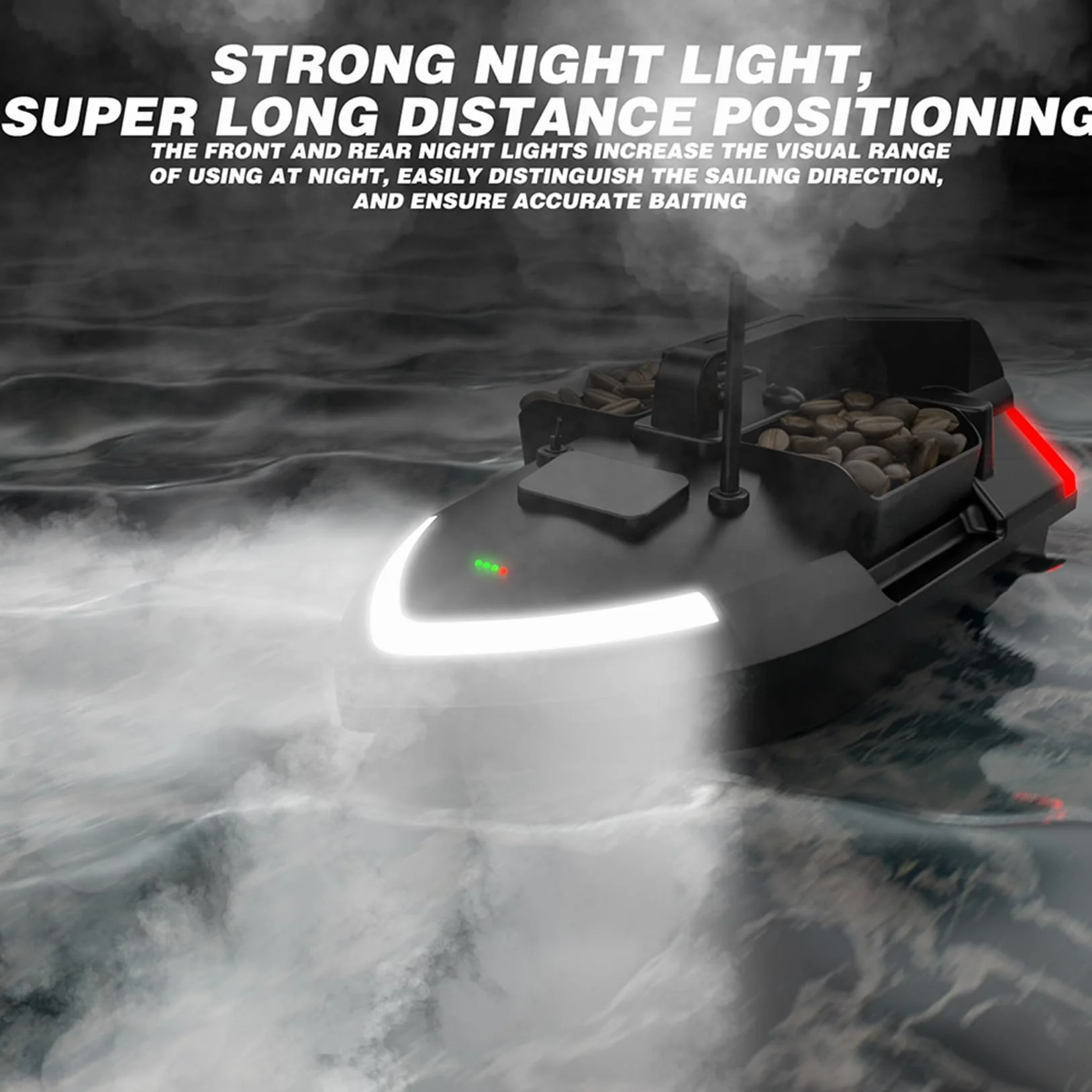 Barco GPS Smart RC de cebos, Crucero Automático de Doble Motor con Tres Tolva de Gran Capacidad y Luz Nocturna LED (V020-12000mAh)