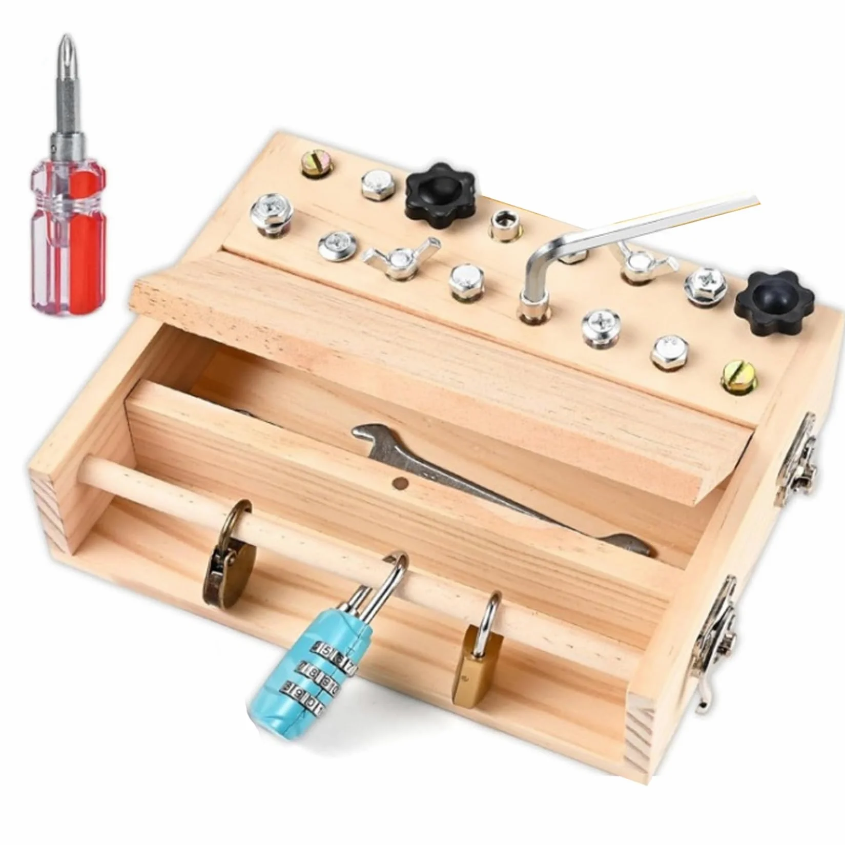 1 Tablero Ocupado, Destornillador de Madera, Juego de Tablero Ocupado Montessori con Cerradura y Llave, Juego de Herramientas para Preescolar Educativo para niños de 3 a 6 años