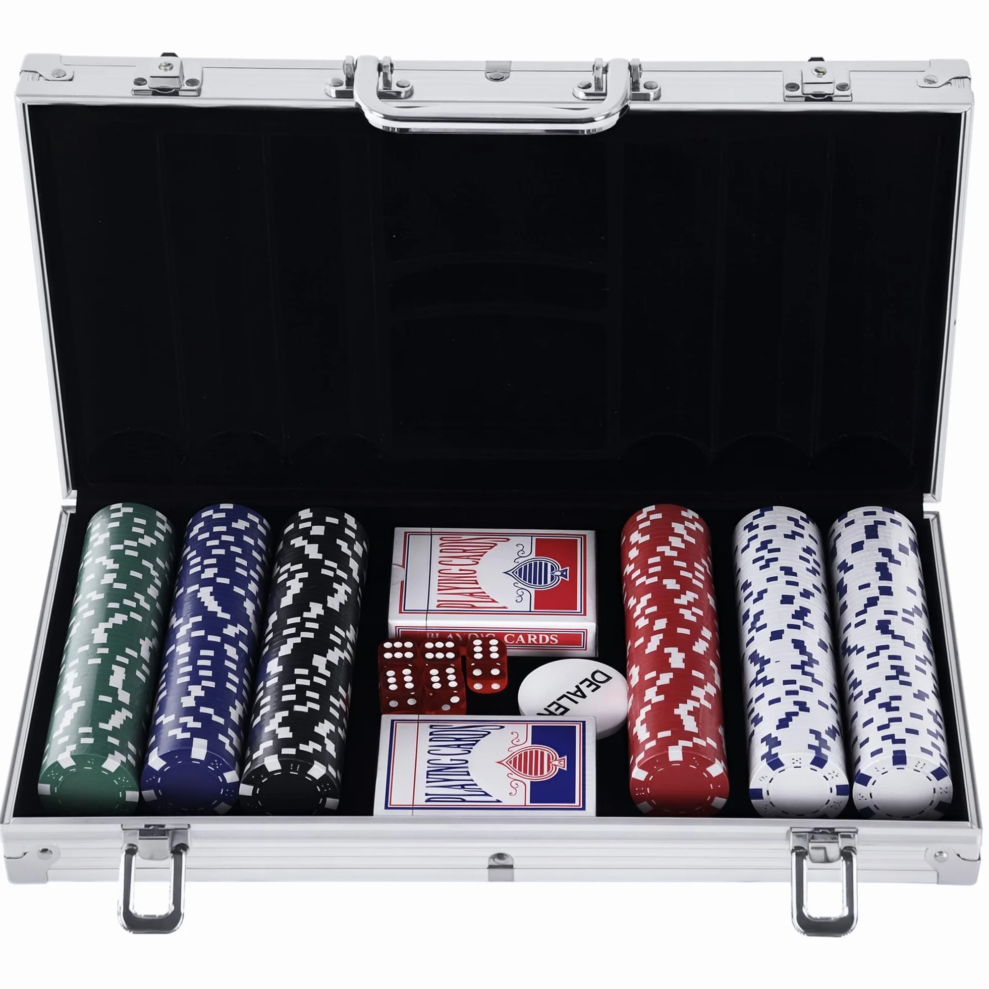 HOMCOM Maletín de Poker Profesional de Aluminio con 300 Fichas Juego Set de Poker Casino con 5 Dados 2 Barajas de Cartas y 1 Ficha de Crupier 38x20,5x6,5 cm Multicolor