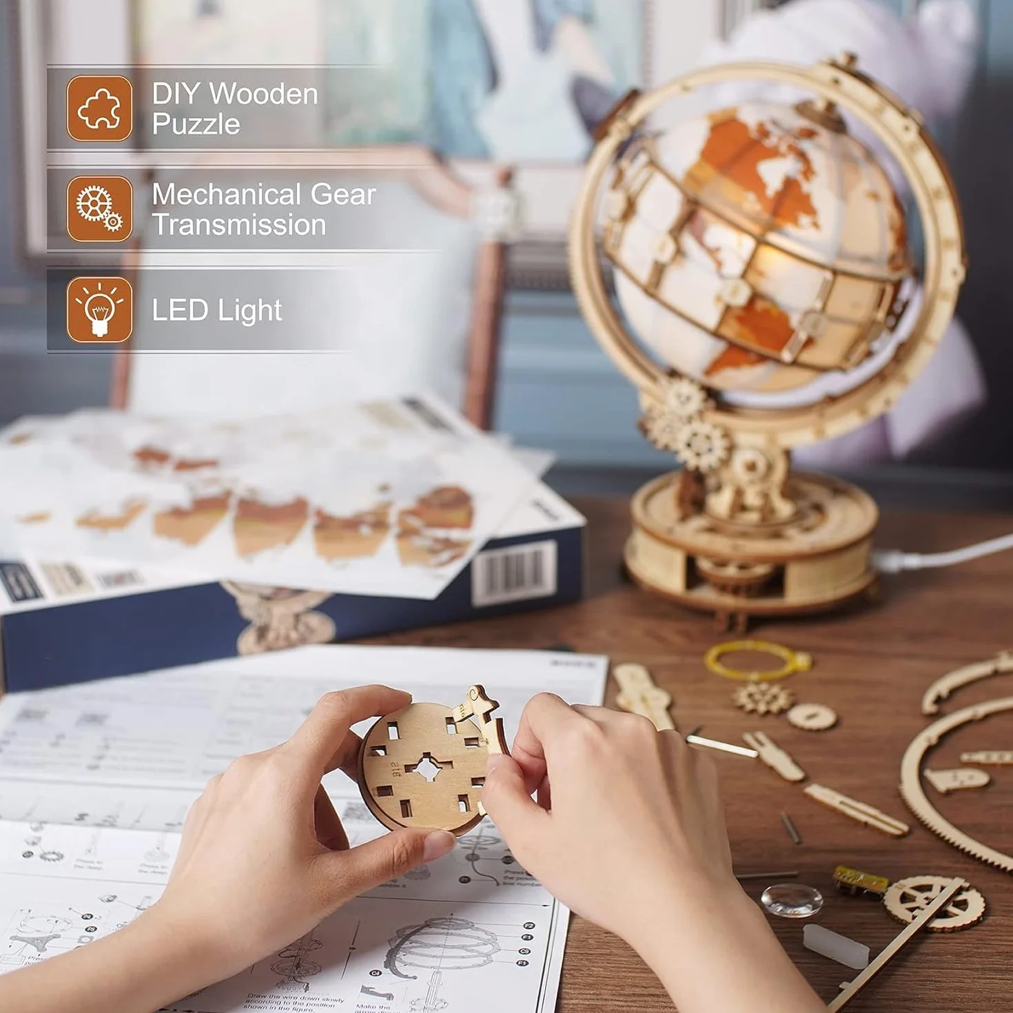 ROBOTIME Puzzle 3D Madera Globo Luminoso Maquetas Construir Adultos Mecánica Manualidades Kits