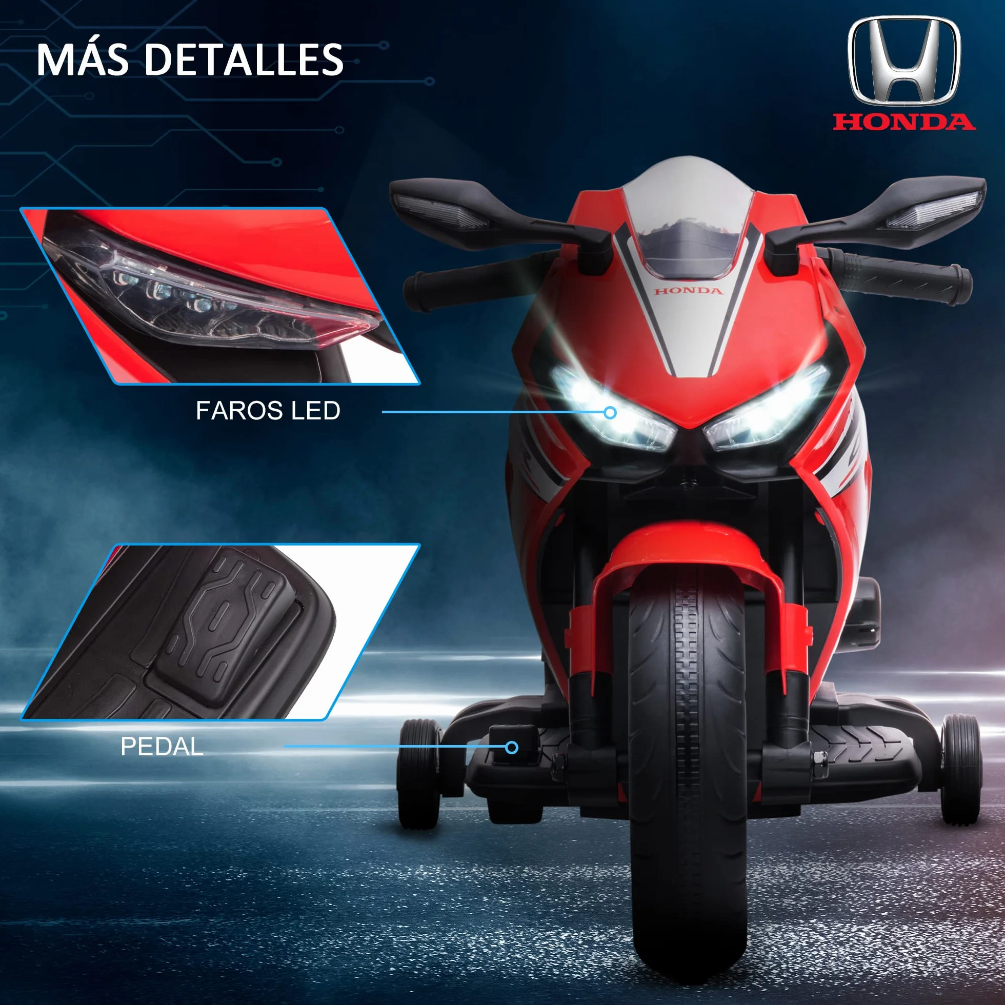HOMCOM Moto Eléctrica con Licencia Honda para Niños de 3-5 Años Moto a Batería 6V con Faro Bocina Música y Ruedas Auxiliares Extraíbles Carga 30 kg 90x44x52 cm Rojo