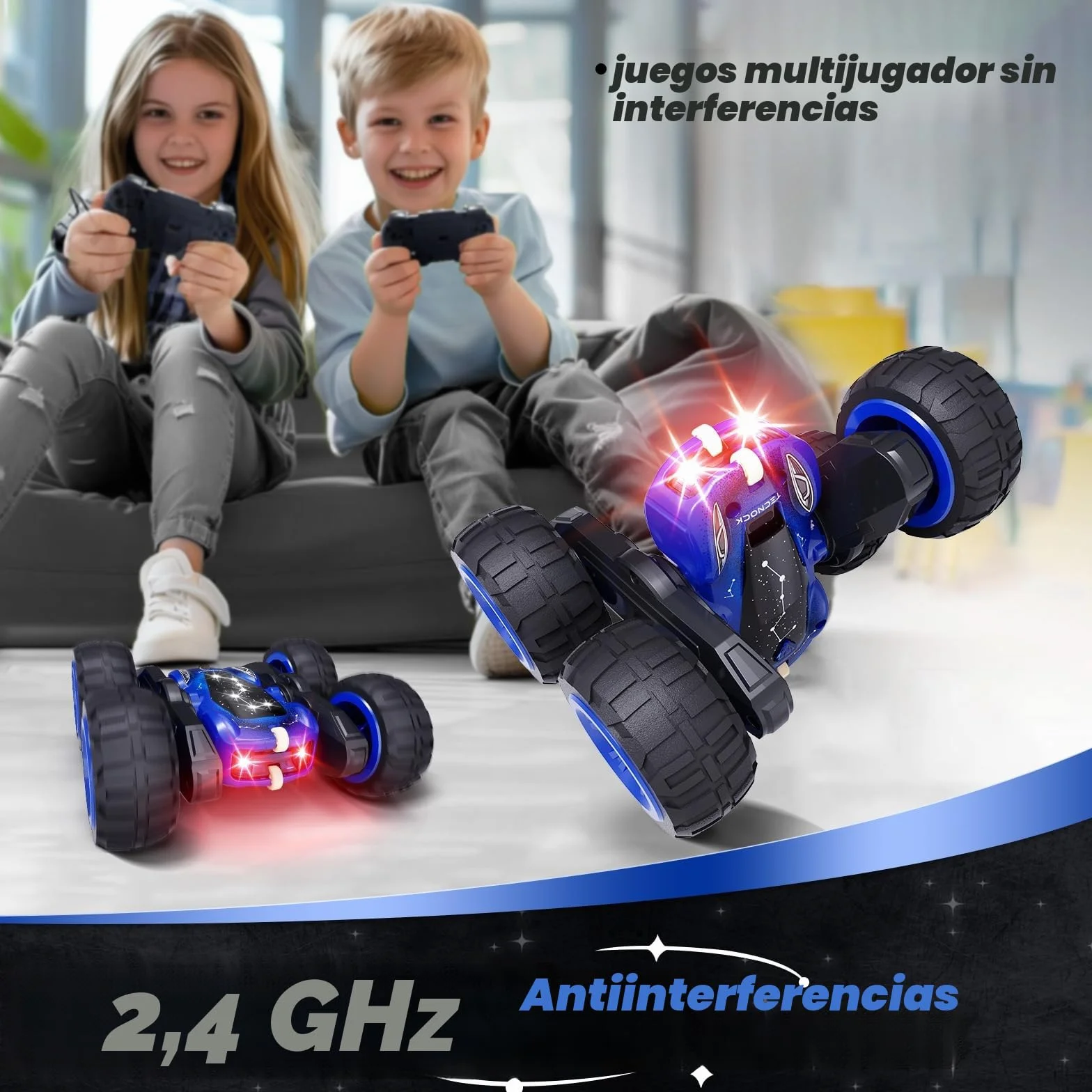 Tecnock Coche Teledirigido 2,4 GHz 360° Flip Stunts RC Monstertruck con Luz Colorida Juguete al Aire Libre Regalo para Niños 3-12 Años
