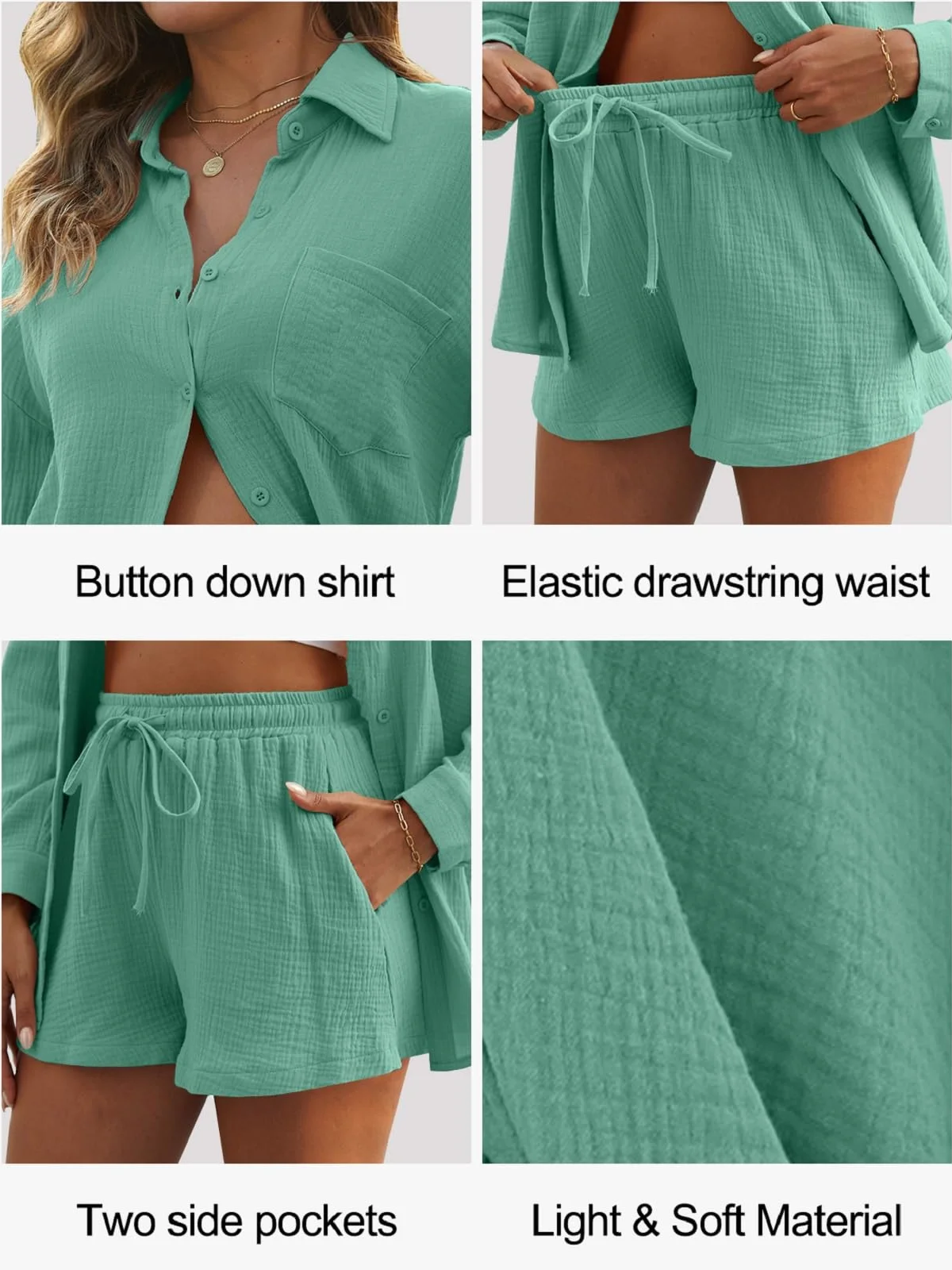 Conjuntos Mujer Verano Casual Dos Piezas Pantalon Cortos Blusa Elegante Lino Chándal Camisa Manga Larga Ropa Playa Bolsillos