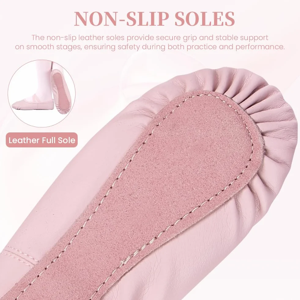 Zapatillas Ballet Niña, Zapatos de Danza Cuero Rosa, Suela de Cuero