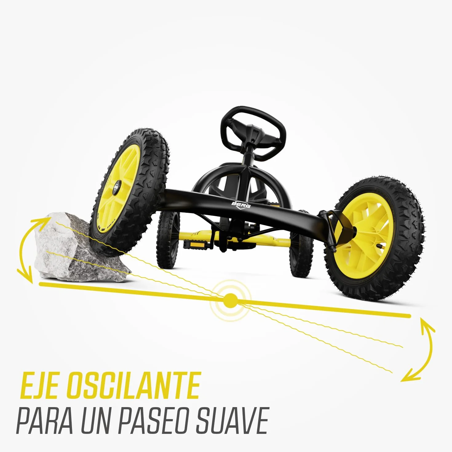 BERG Kart a Pedales Buddy Cross | Amarillo, 3-8 años, cuadro resistente, asiento regulable, volante regulable