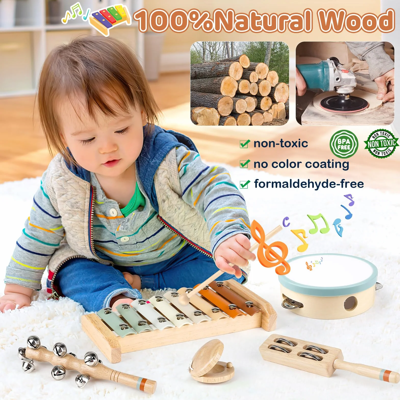 Instrumentos Musicales para Niños Pequeños - Juguetes Musicales de Madera Montessori para Niños de 18M+ a 3 Años, Juguetes de Instrumentos para Niños De Navidad Y Cumpleaños para Niños de18M-3-5