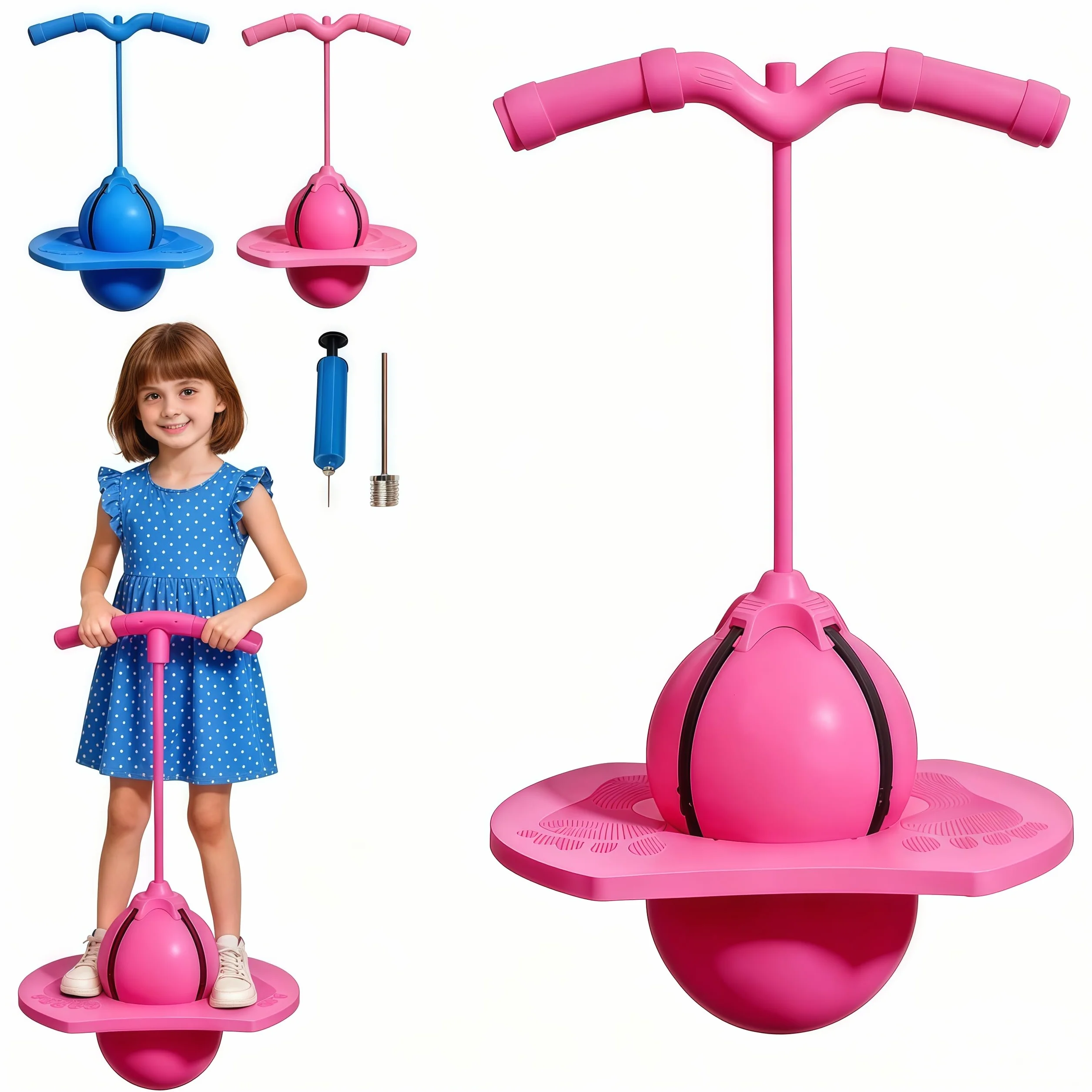 Balón de Salto Equilibrado, Pelota Saltarina con Mango,Balón para Saltar, Pelota de Salto de Pogo,con Bomba, para Interior Exterio (Rosa)