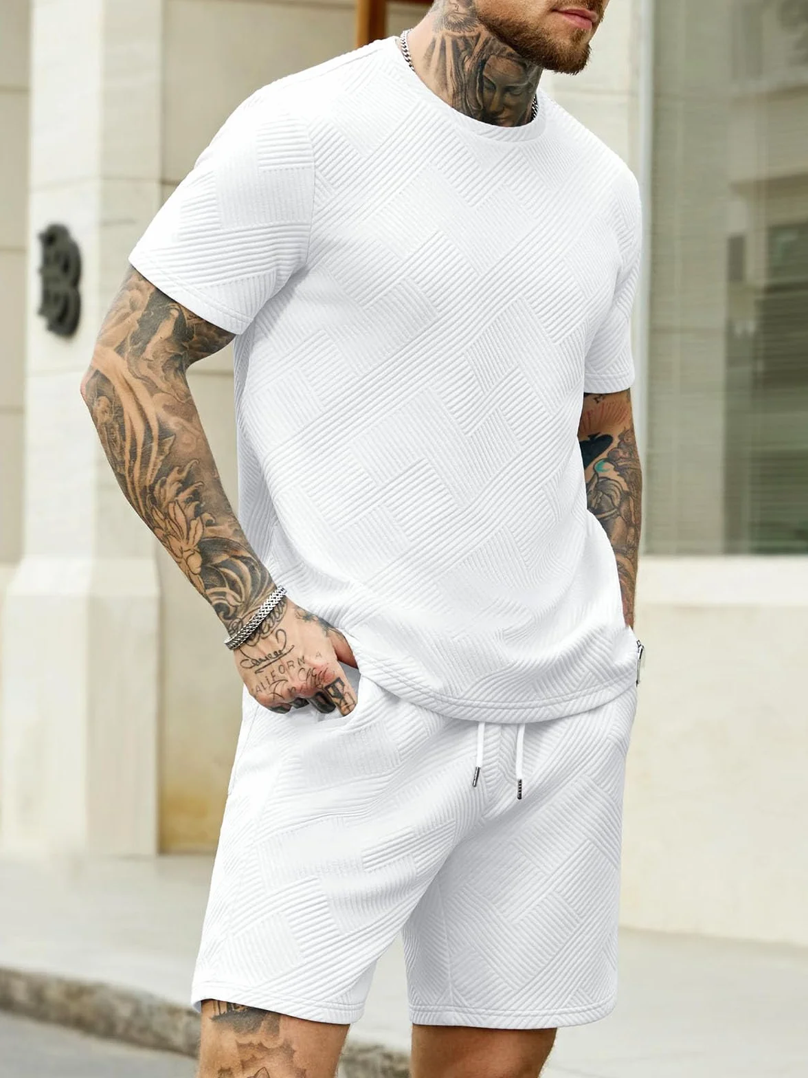 Ropa Verano Hombre 2 Piezas Conjunto de Verano Hombre Jacquard Chándal Manga Corta