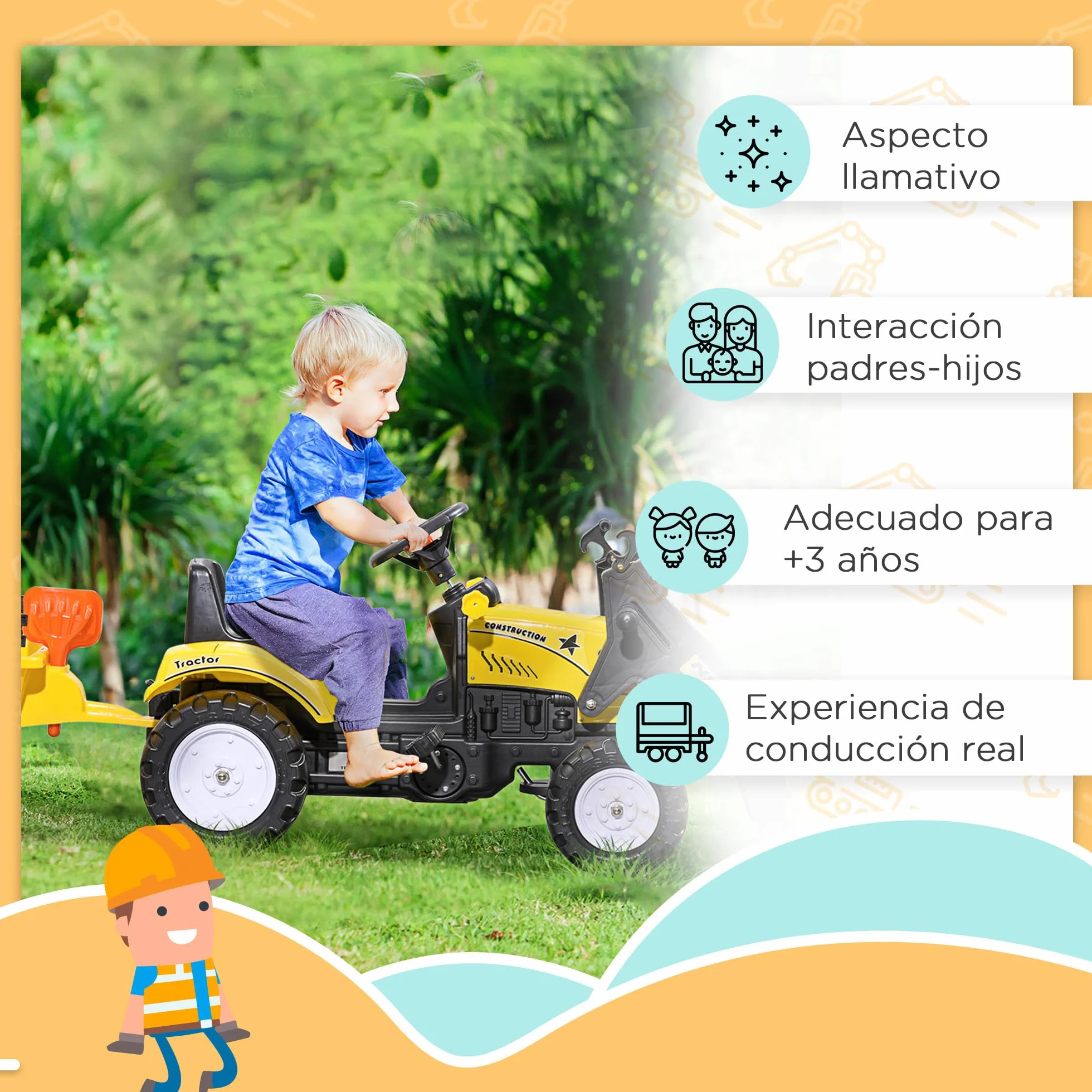 HOMCOM Tractor a Pedales para Niños de 3 Años Excavadora Infantil Juguete de Montar con Remolque Extraíble y Pala Delantera Carga 35 kg 167x41x52 cm Amarillo