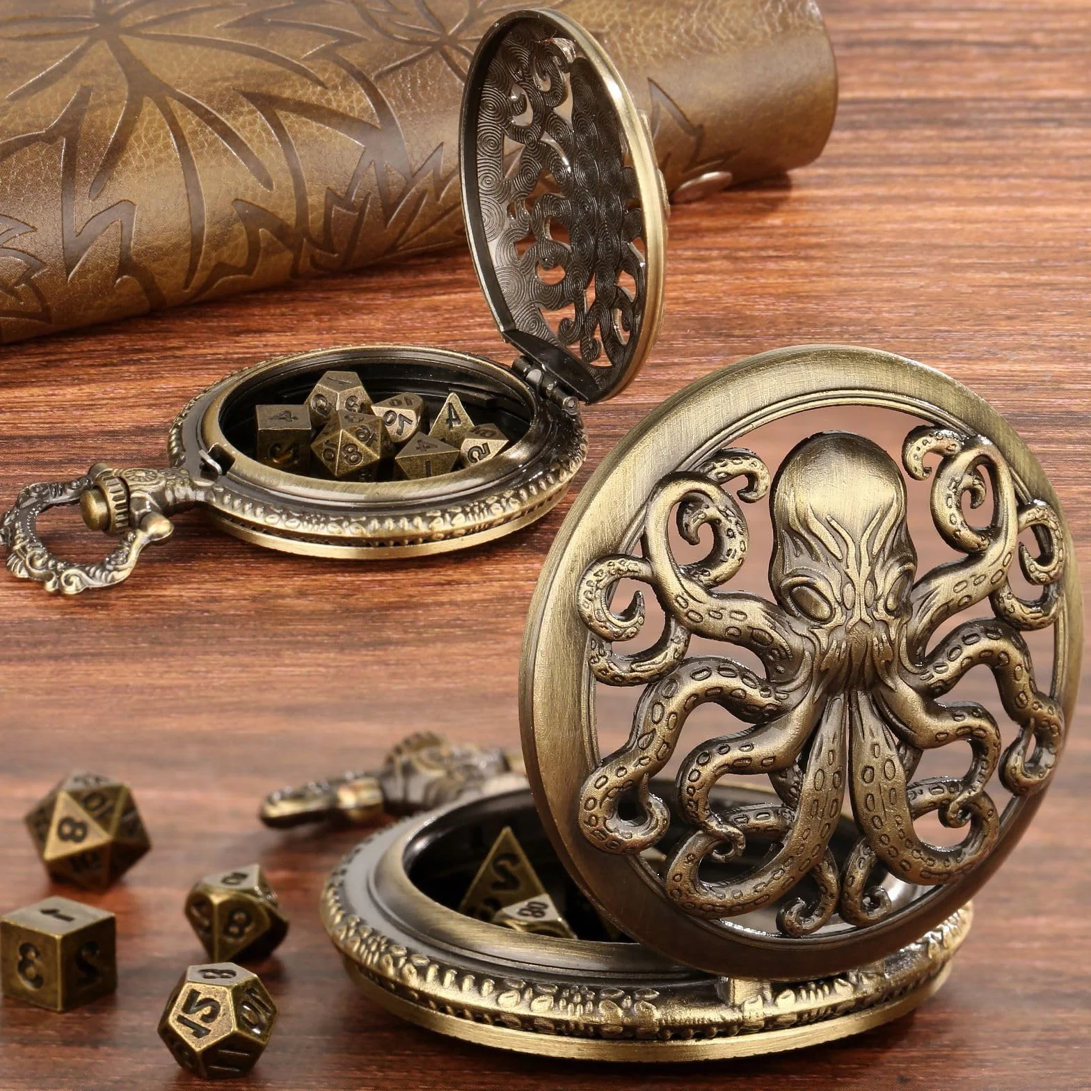 Mini Dados DND con Caja de Reloj de Bolsillo Steampunk Hueco Pulpo - 7 Piezas Poliédrico Metal D&D Juego de Mesa - Bronce