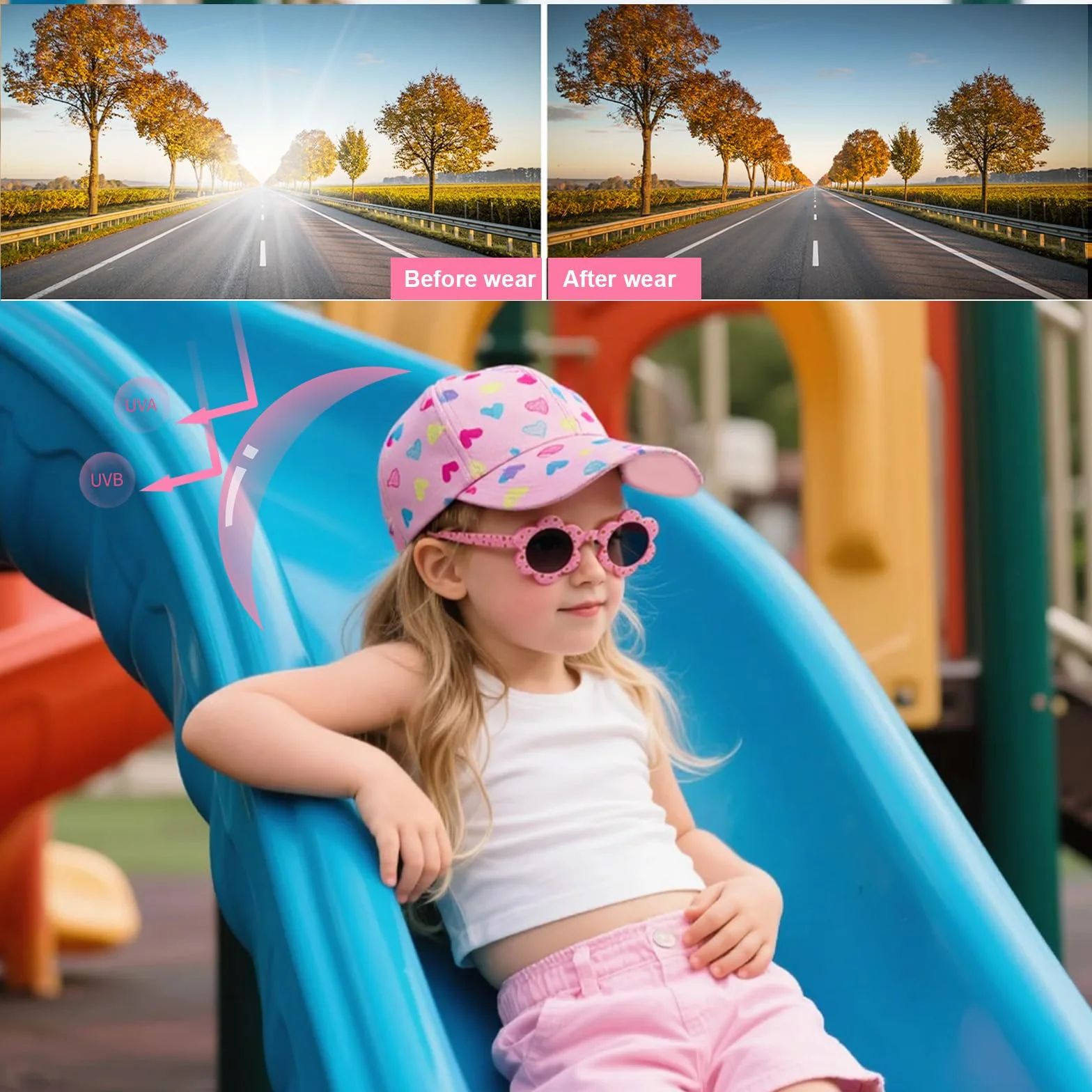 Gorra de Niña con Visera y Gafas de Sol Florales Set Verano Transpirable Ajustable 52-56 cm Rosa