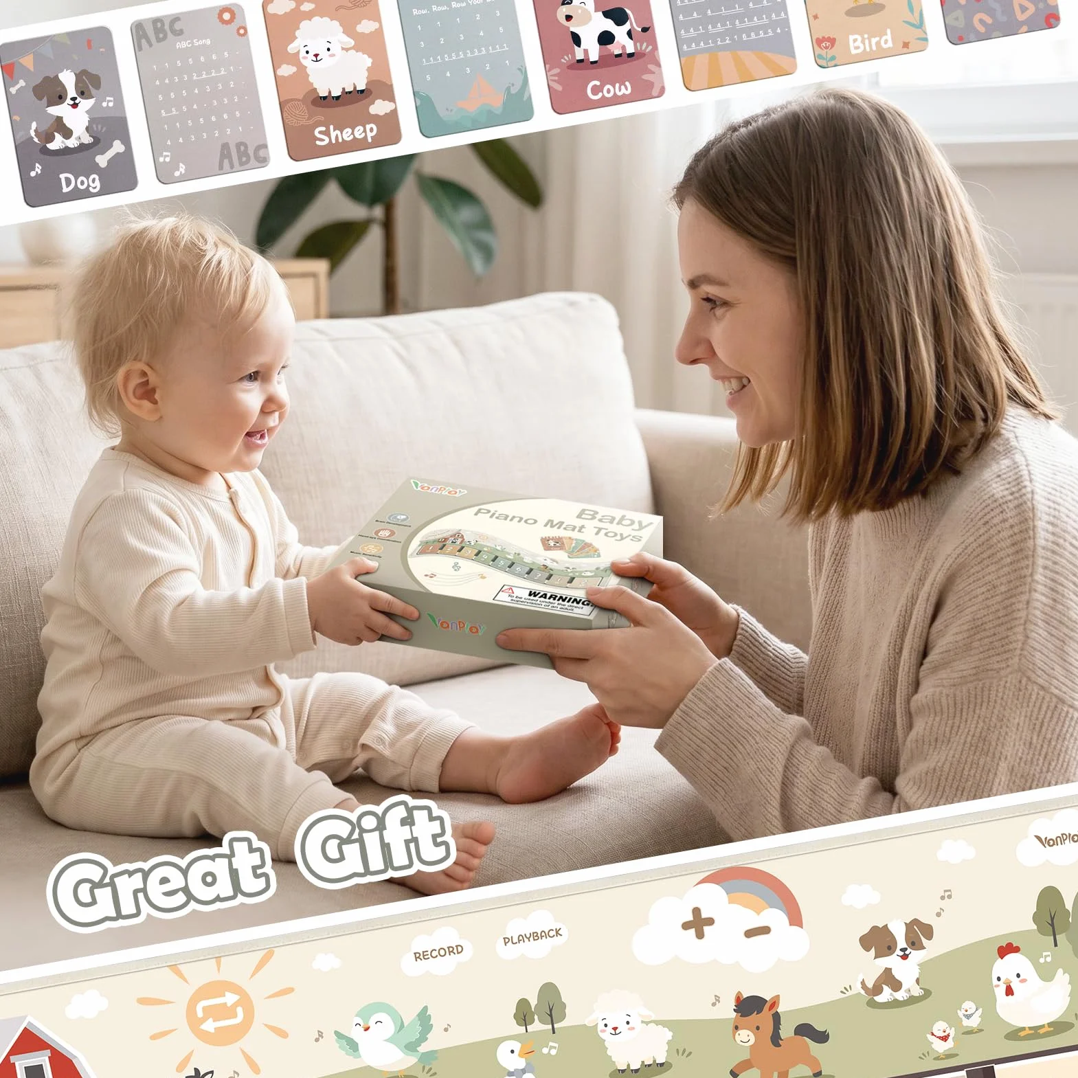 Baby Toys Musical Play Mat Toys for 1 2 3 Year Old Boys Girls, Piano Mat with 9 Piano Keyboard, Recording & Playback Function for Toddler Toys Baby Sensory Toys Baby Boy Girl Gifts