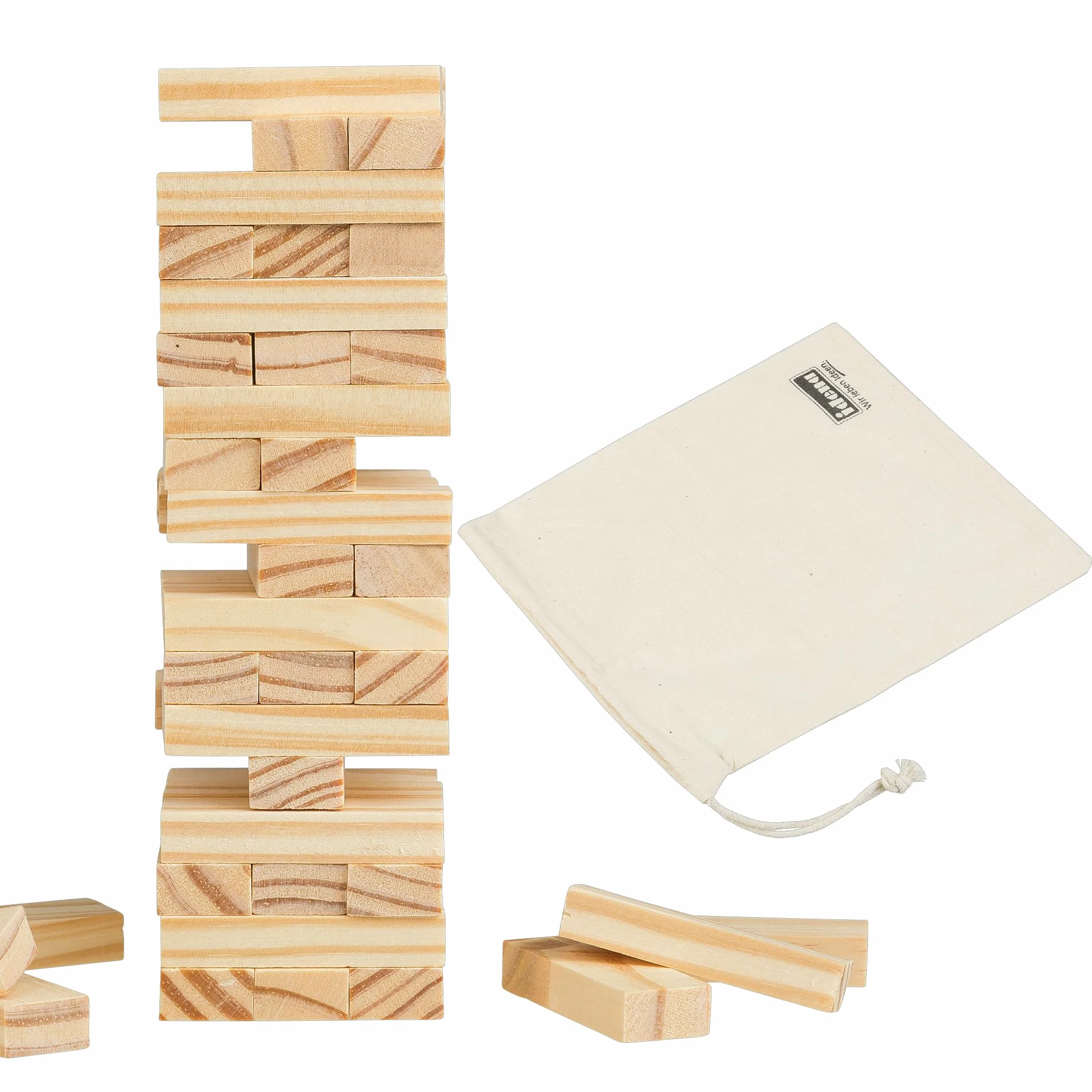 Idena 40088-Juego de Viaje Wackelturm Juego de Habilidad 54 Bloques de construcción y Bolsa de Almacenamiento, Aprox. 4.8 x 4.8 x 14.4 cm Torre apilable Grande, Color Madera Berlin 40088