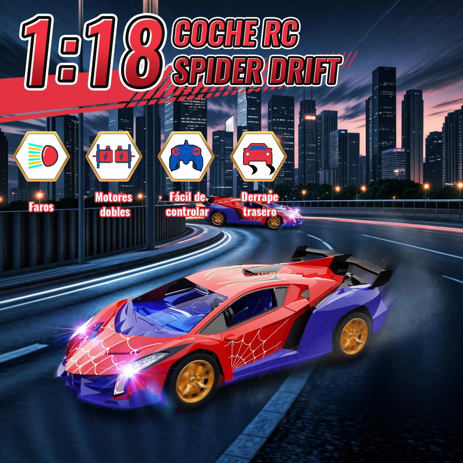 Coche Teledirigido Ojos Araña Luminosos & Diseño Telaraña, Coche Rc Drift Car 1:18, Juguetes Niños 3 4 5 6 7 8 9 10 11 12 Años Regalo para Niño de 3-12 Años Juegos Niños 3-12 Años Cumpleaños Navidad