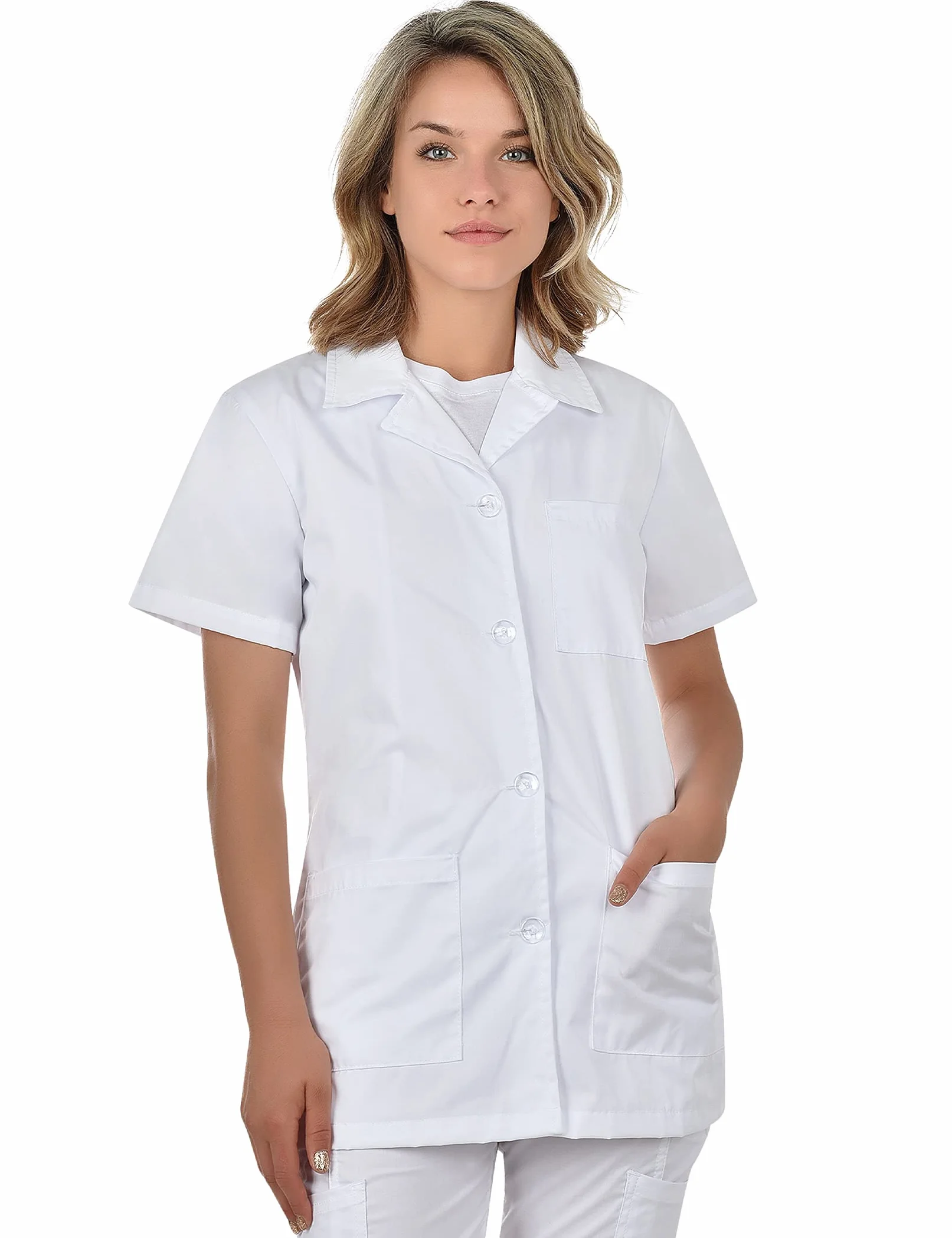 B-well Gabi Uniforme de Empleada Hogar Casaca con Botones para Enfermera Limpieza Mujer Manga Corta Cuello Solapa