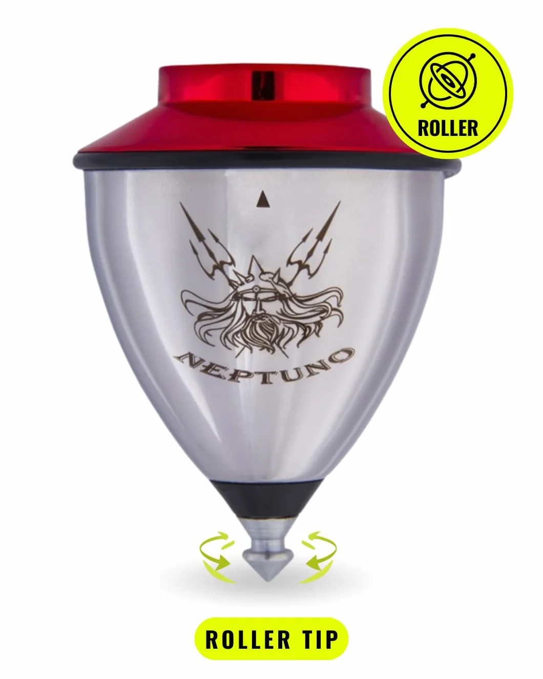 Trompo Profesional Neptuno Roller de Acero Inoxidable, Peonza con Punta Roller de Doble Rodamiento, Regulador de Vibraciones, Diseño para Trucos Avanzados, Incluye Cuerda, Rojo
