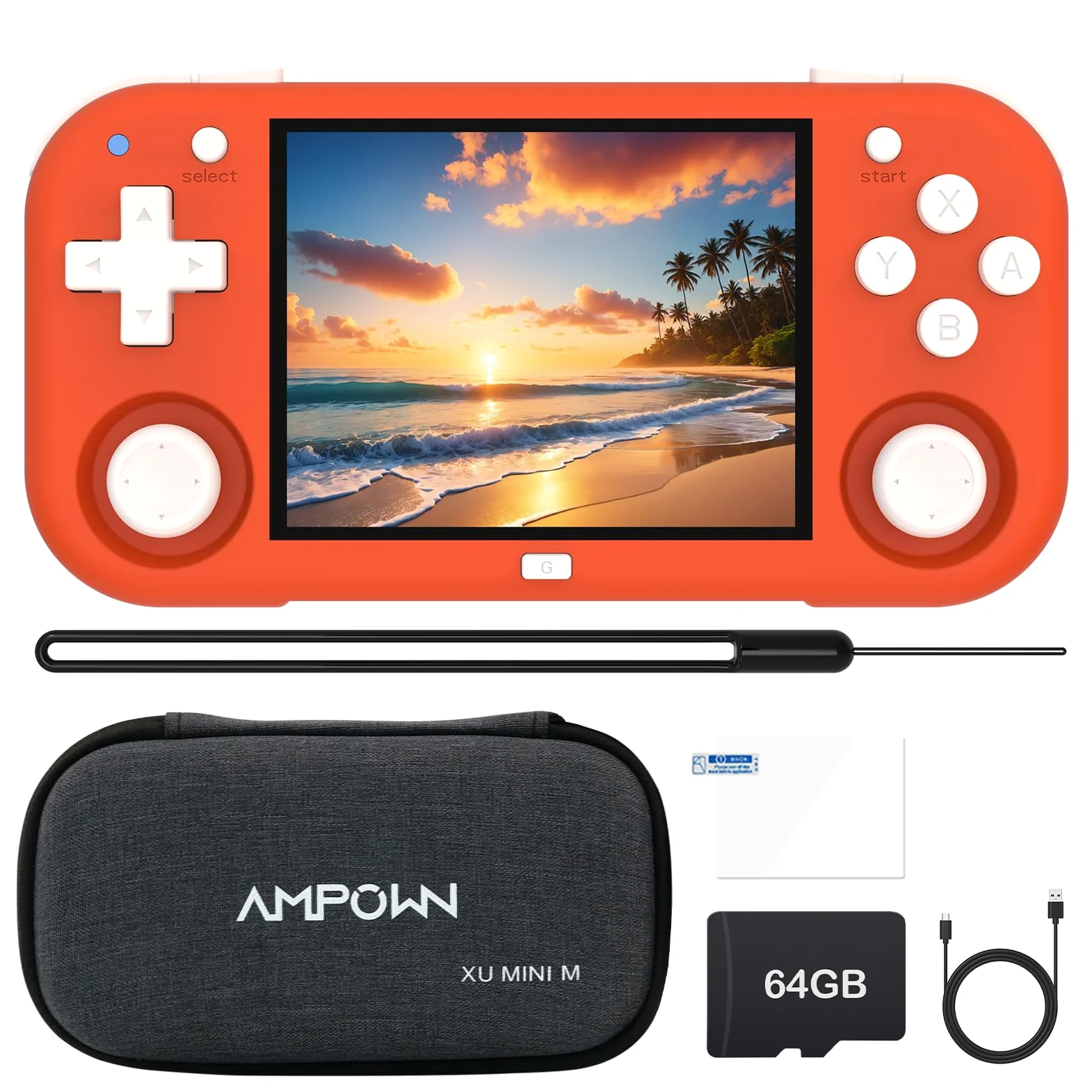 XU Mini M - Consolas de juegos de mano retro, pantalla IPS de 2.8 pulgadas, tarjeta TF de 64 G integrada, con batería de 2600 mAh, duración de 6 horas, color naranja