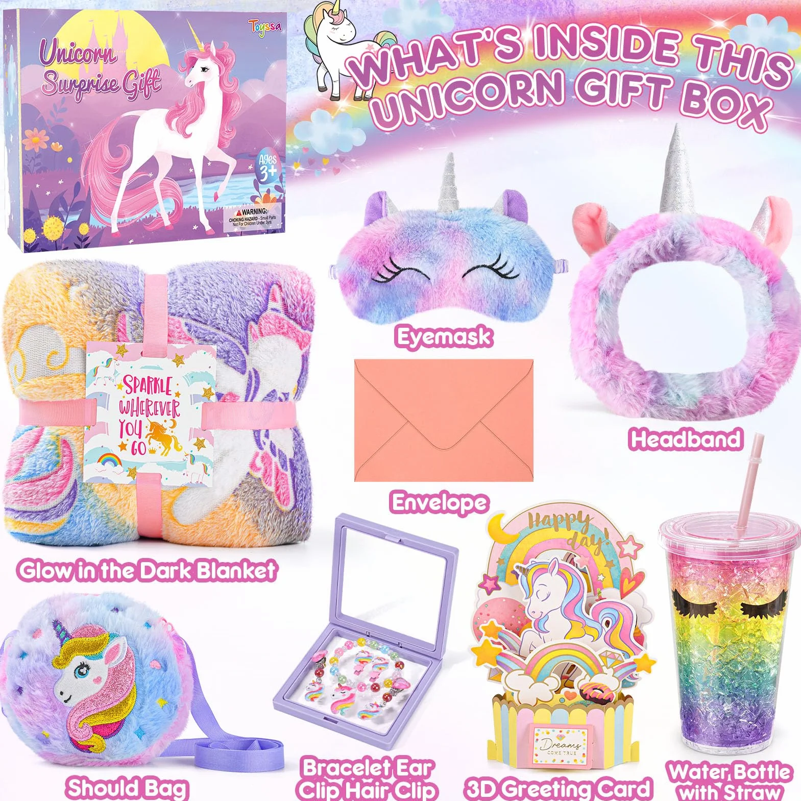 Regalos Unicornio Niñas 4 5 6 7 8 9 10 Años Manta Sofa 3D Tarjeta Cumpleaños Joyas para Niñas Botella de Agua Diadema Maquillaje Antifaz para Dormir Monedero Unicornio Juguete Regalos Cumpleaños