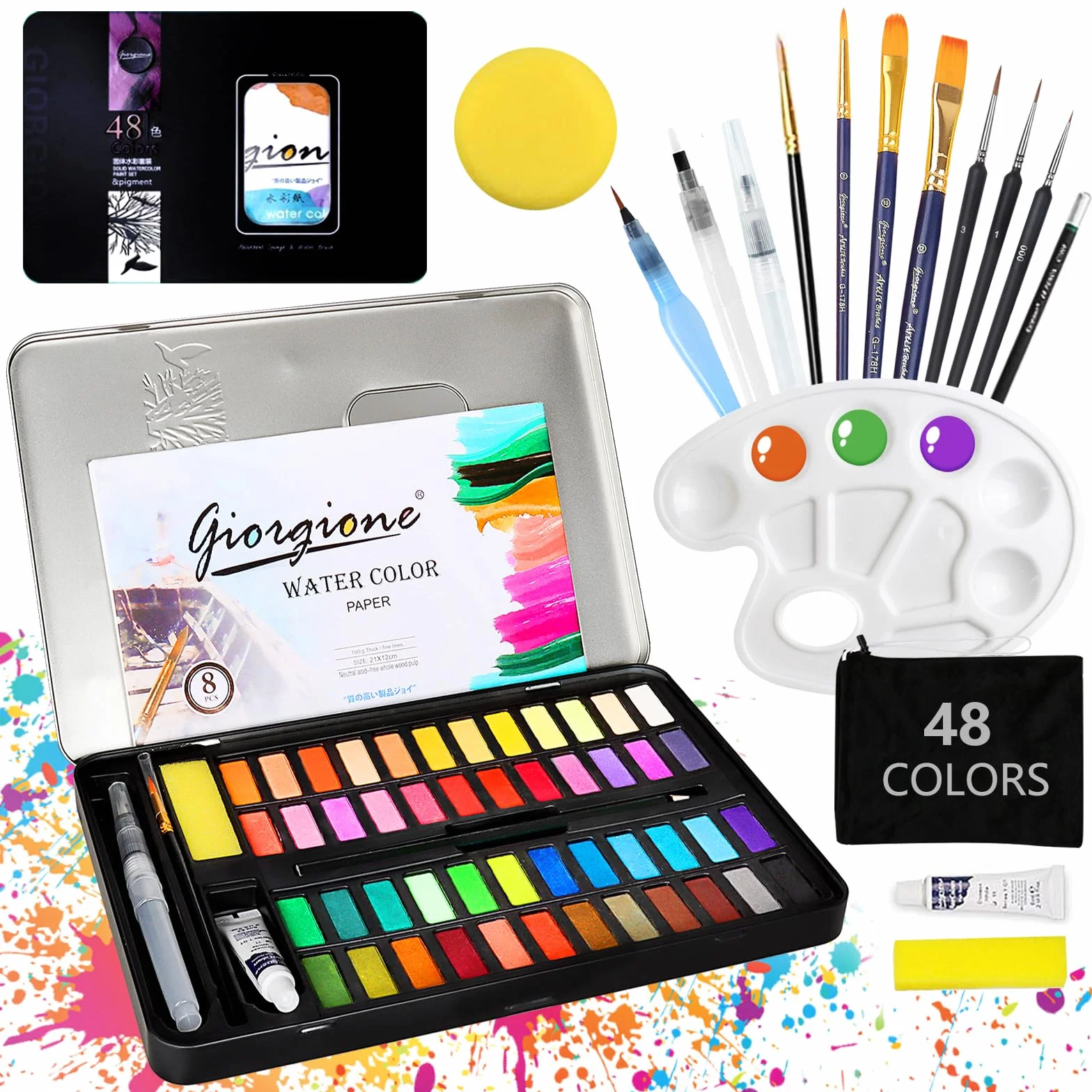 Juego de Acuarelas Profesionales 48 Colores,Set De Pintura De Acuarela,Incluyendo Pincel y Pinceles de Agua,Paleta Acuarela,etc,para Principiantes y Profesionales