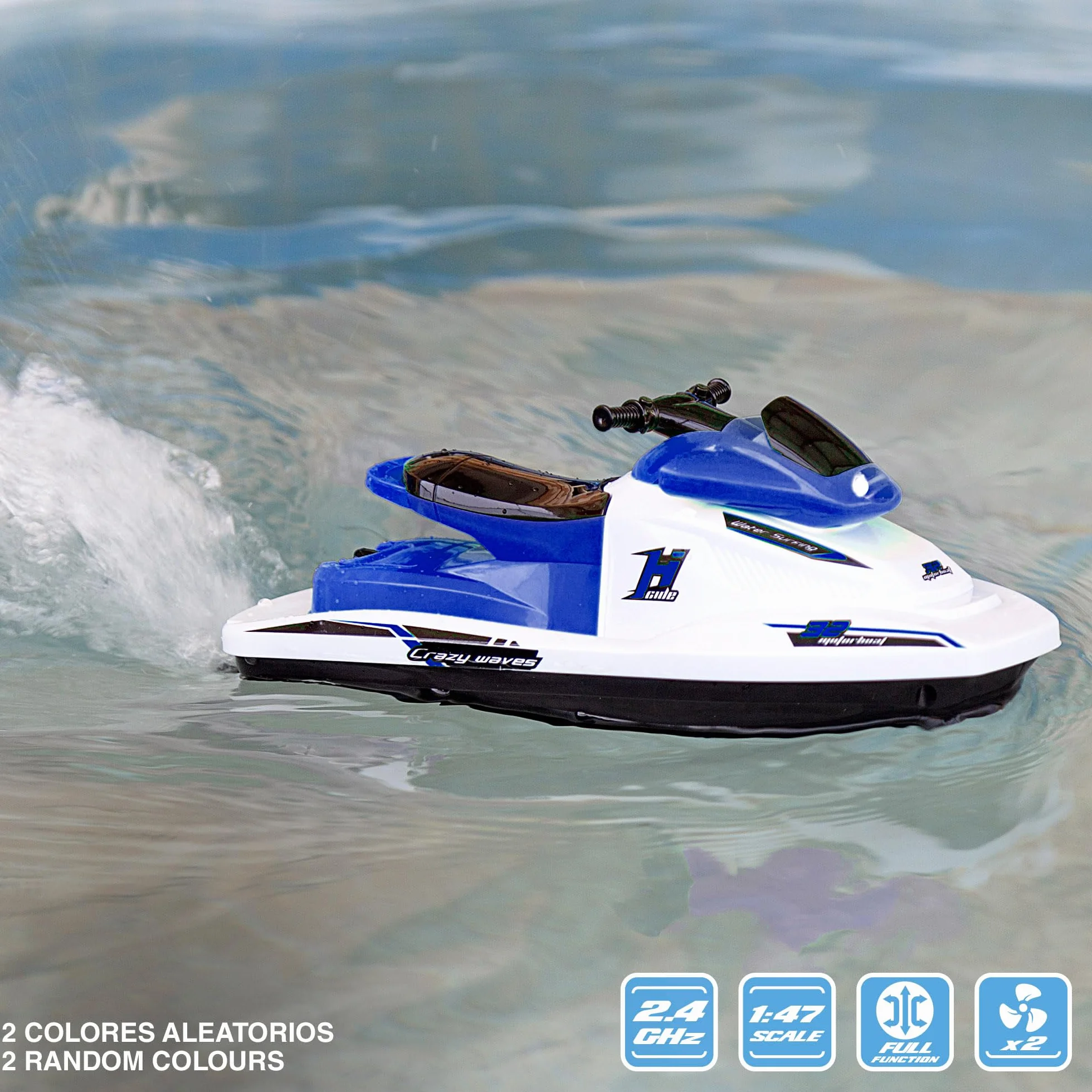ColorBaby 49987 Motor Boat Moto de Agua teledirigida, Escala 1:47, Contiene 2 Piezas, batería incluida, Barcos teledirigidos, Moto de Agua RC, radiocontrol, Juguetes para niños