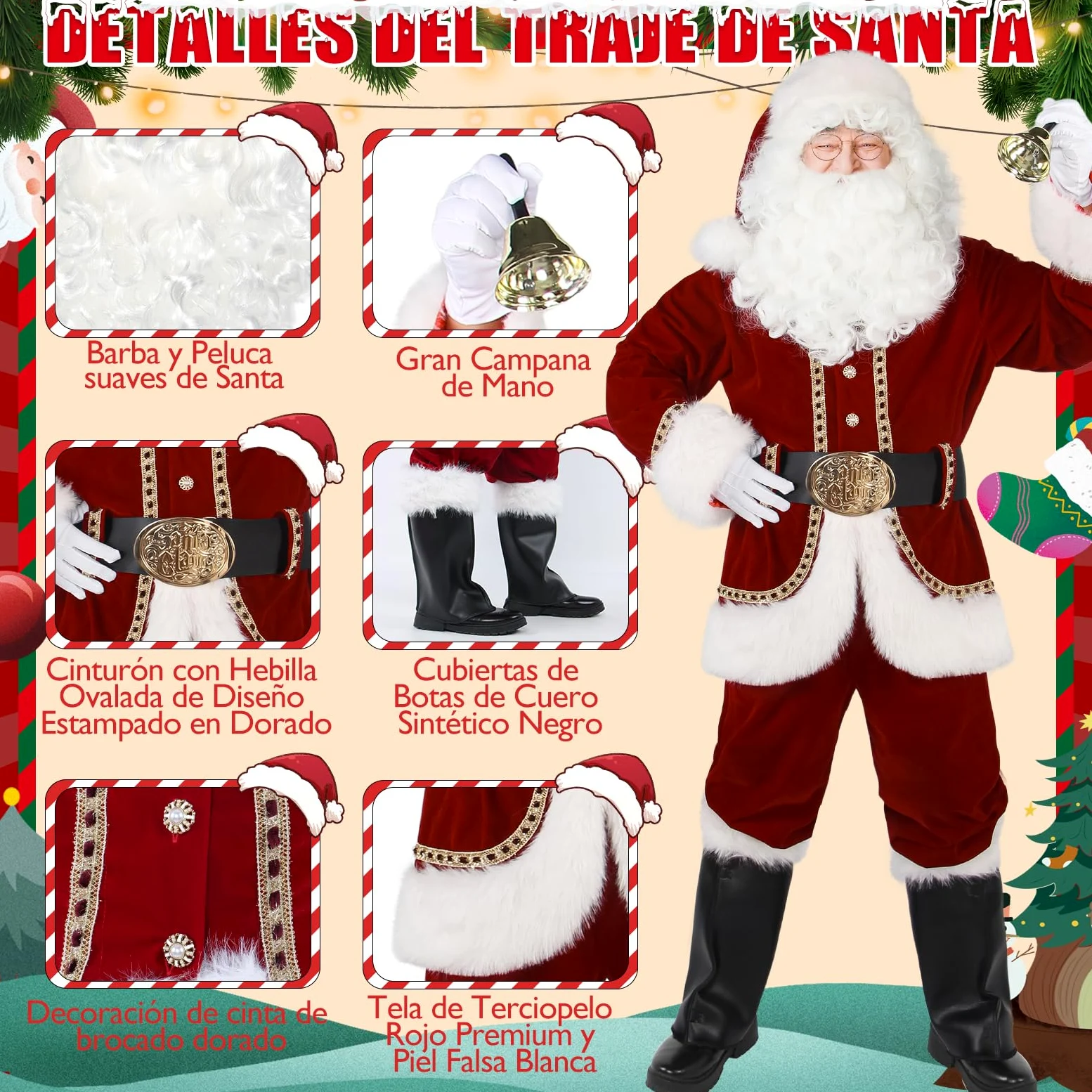 Disfraz de Santa Claus Hombres Traje Profesional y de Lujo de 11 Piezas Ropa Roja para Hombres Conjunto para Adultos Trajes de Papá Noel para Navidad