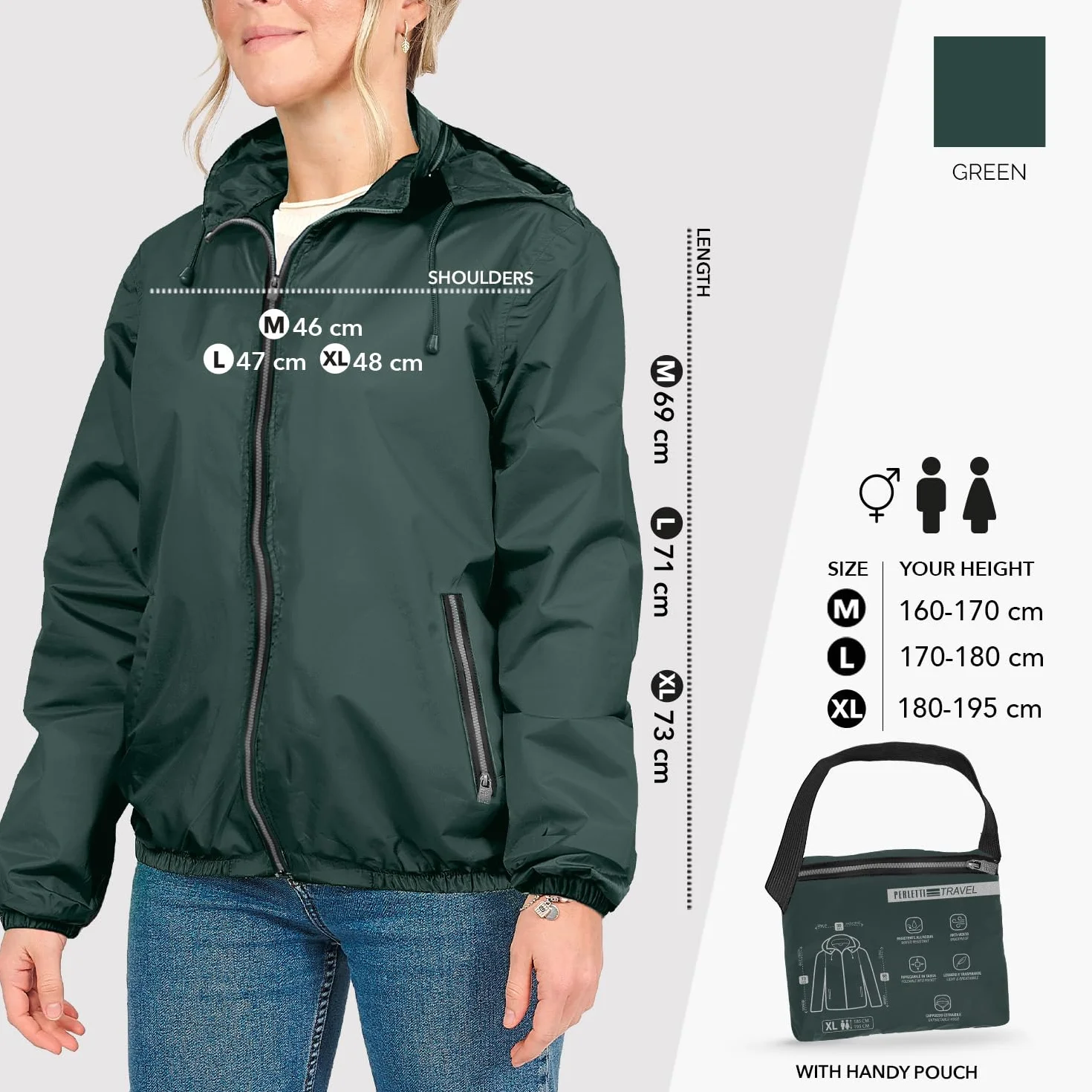 PERLETTI Cortavientos Impermeable Ultra Ligero con Capucha Chaqueta Unisex