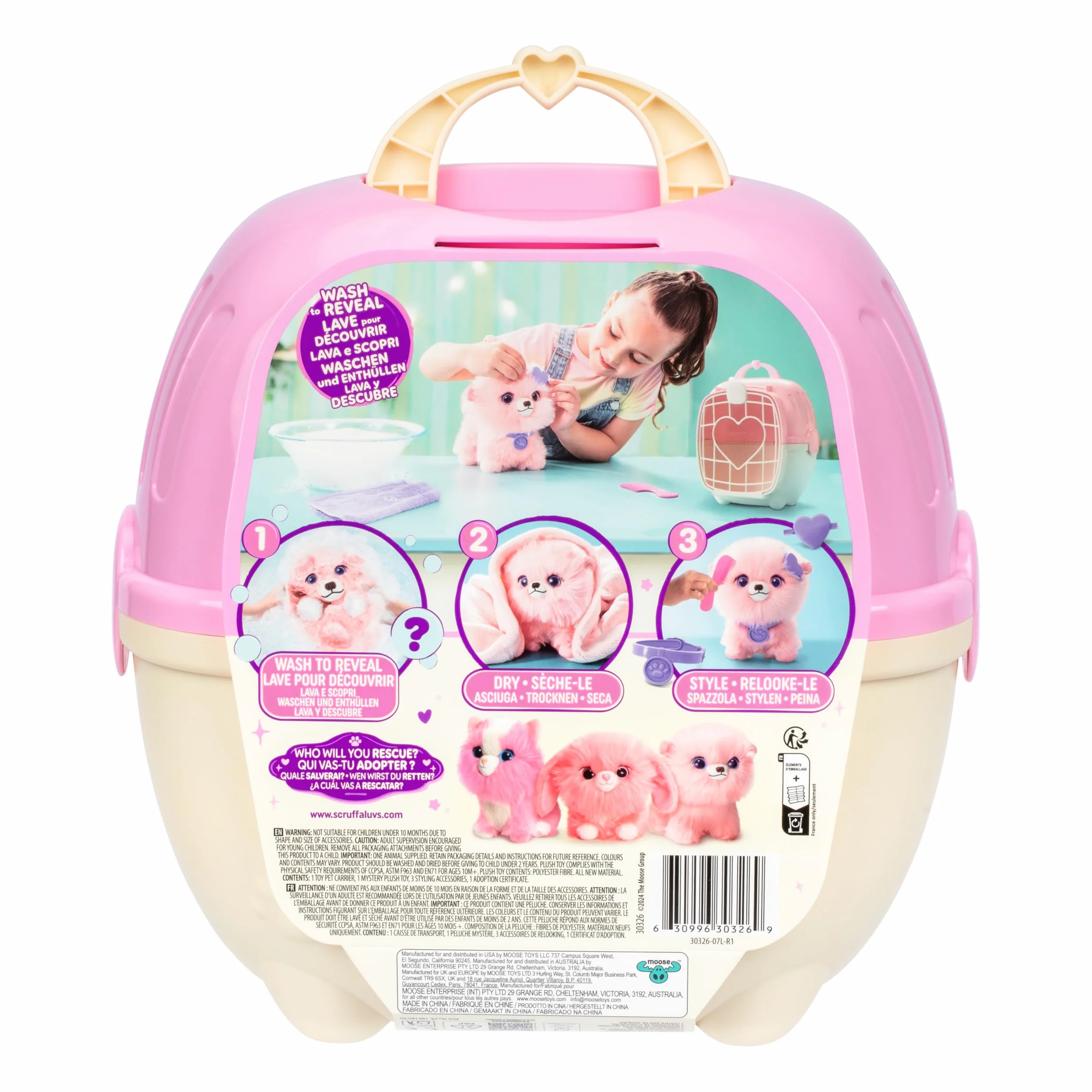 SCRUFFALUVS Little Live Pets Scruff Mascota Rosa - Peluche Sorpresa, 19 cm - Lava para Descubrir 1 de 3 Mascotas rescatadas: Perrito, Conejito o Gatito - Incluye un transportín Deluxe de 22 cm