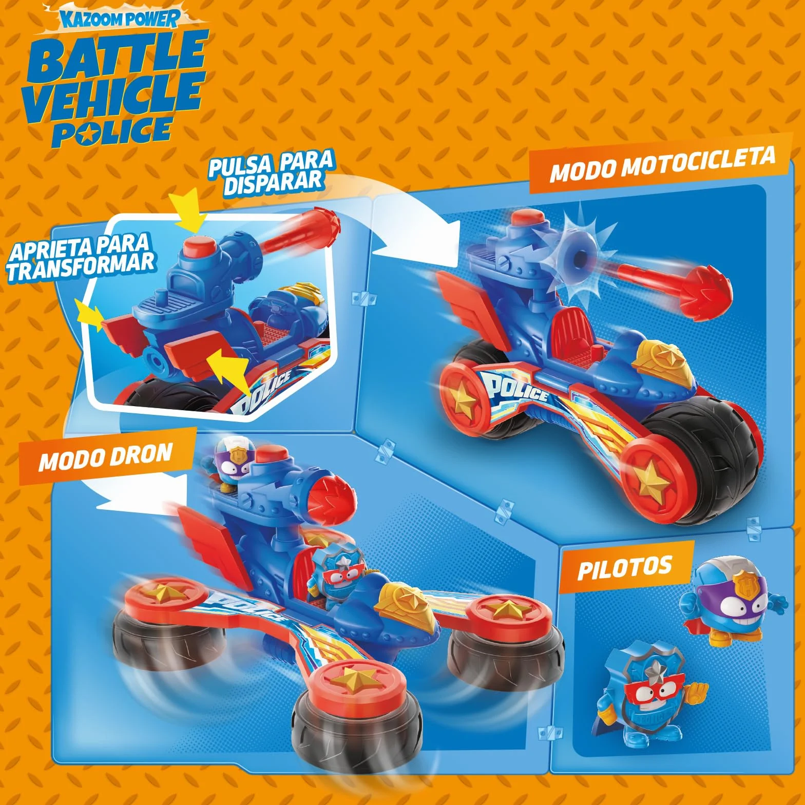 SUPERTHINGS KAZOOM POWE Battle Vehicle Police Vehículo de batalla policía Serie de TV Superthings Kazoom Power 1 Vehículo 2 Figuras Exclusivas 1 Proyectil