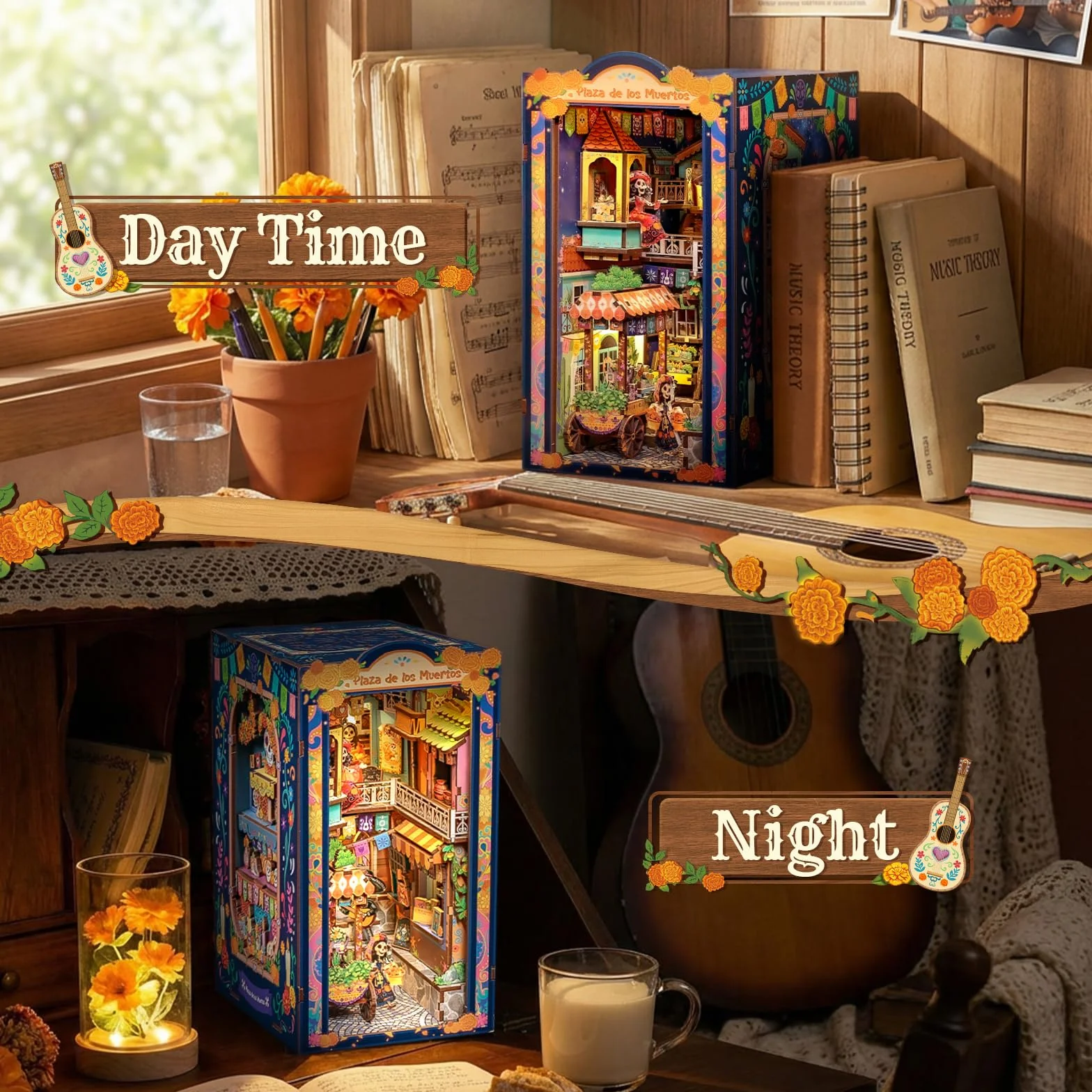 CUTEBEE Book Nook Kit - Casa de Muñecas DIY para Adultos, Maqueta en Miniatura para Montar, Rompecabezas 3D de Madera del Día de Muertos, Decoración para Estantería (Plaza de los Muertos)