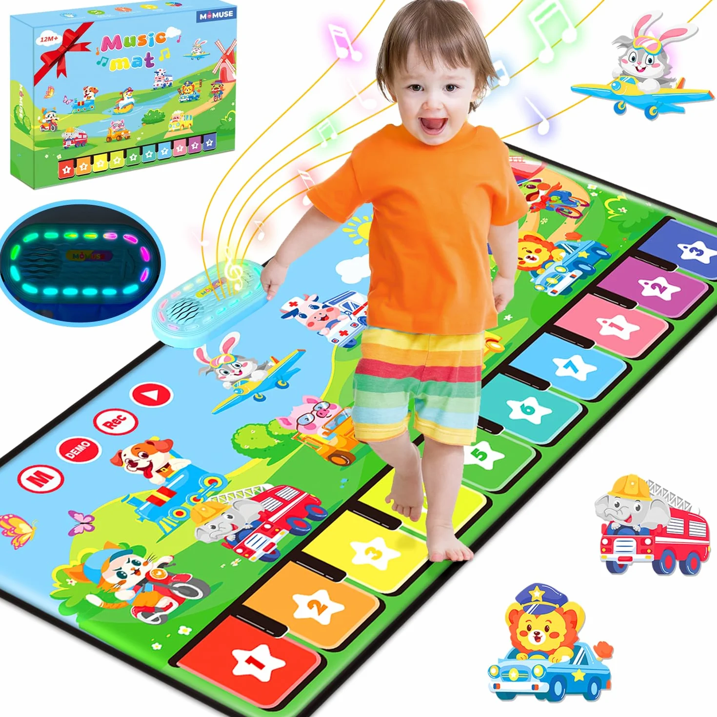 MOMUSE Alfombra Musical con 80 Sonidos, Alfombra de Piano Grande con 10 Animales y 10 Coches, Juguetes Musicales con Luz Suave, 10+ Niveles Volumen, Regalos para Niños Niñas 1 2 3 Años (110 cm*45 cm)