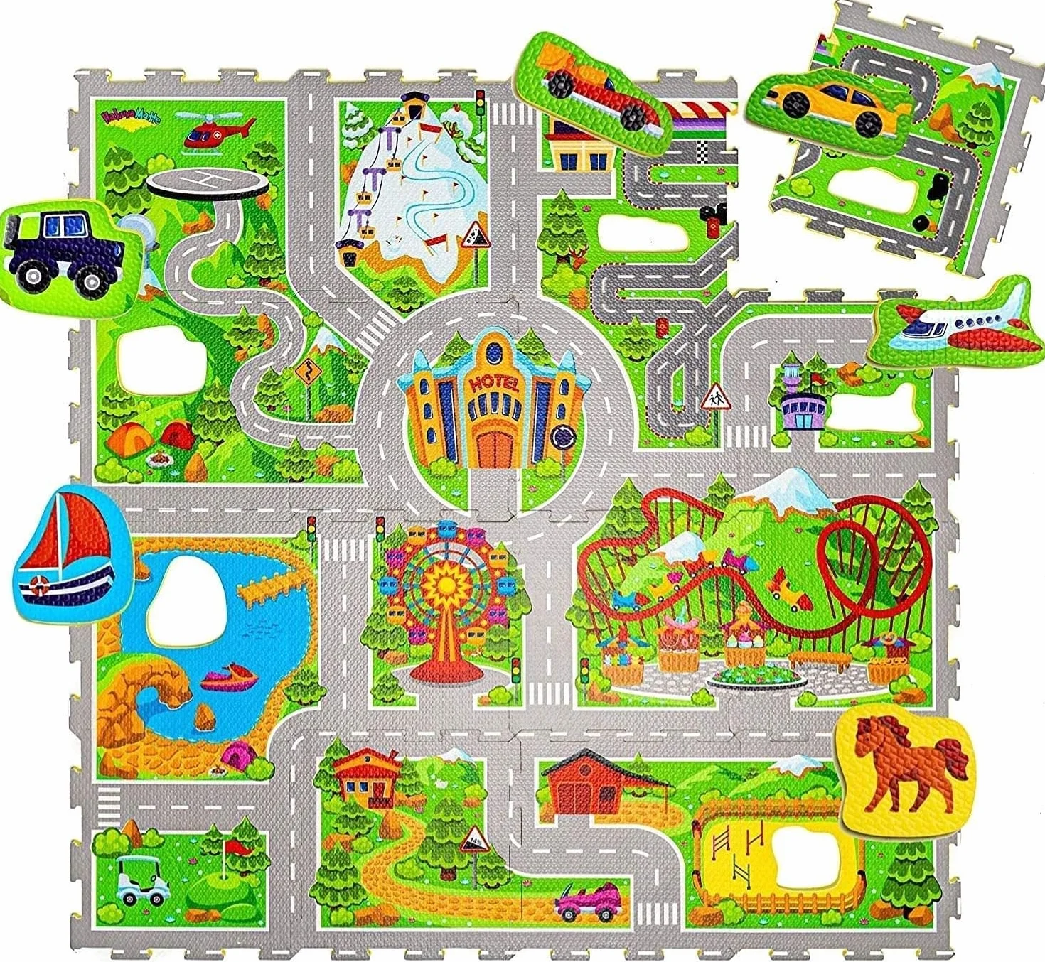 Alfombra Puzzle Infantil Coches 1,2 x 1,2m 16 Piezas Interconectadas Gruesa EN-71 Sin Olor