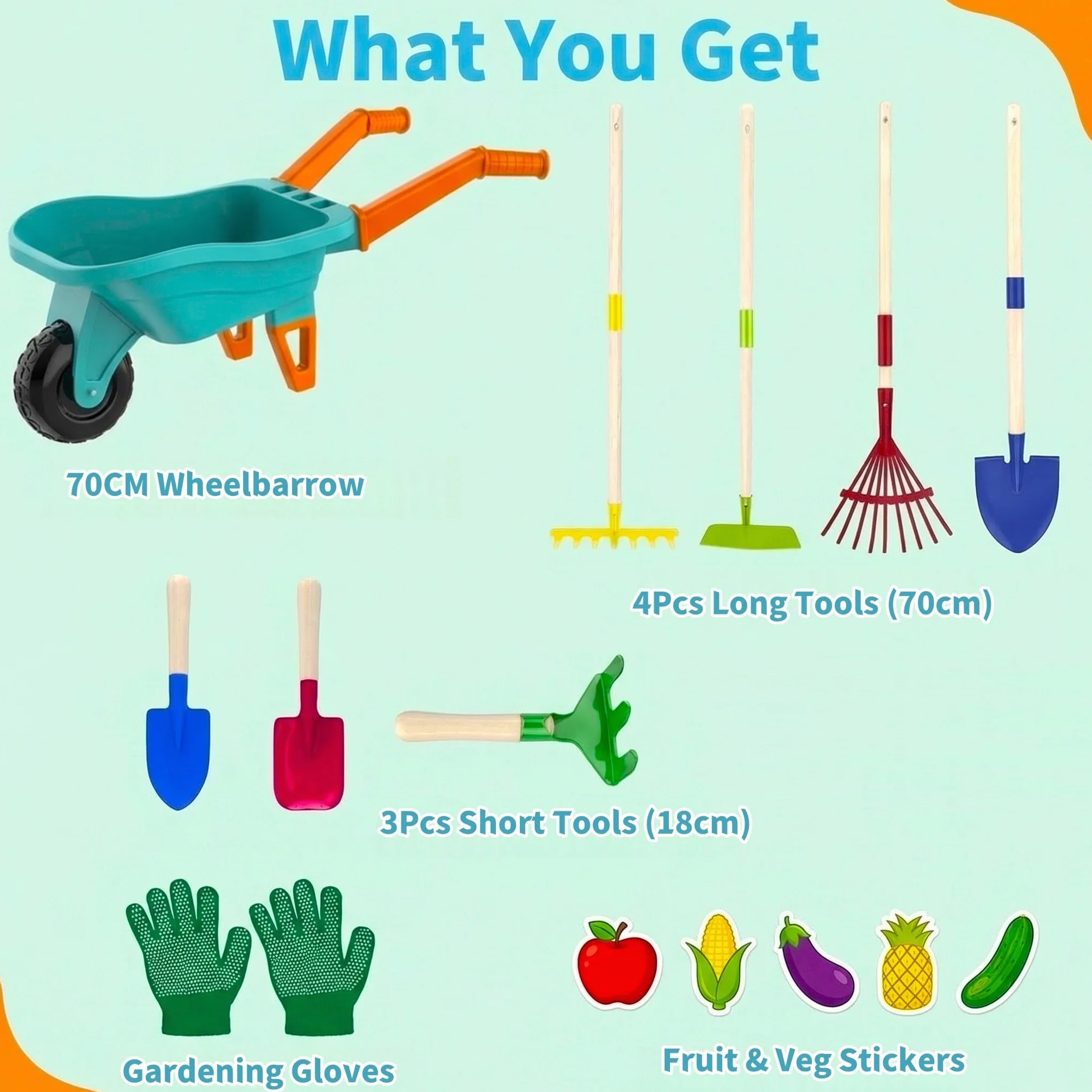 LATERN Juego de Herramientas de Jardinería para Niños, 70CM Carretilla con 70CM Metálica Pala Rastrillo Azada Hojas Rastrillo 20CM Pala Rastrillo Guantes para Exteriores Jardín Patio Césped Excavación
