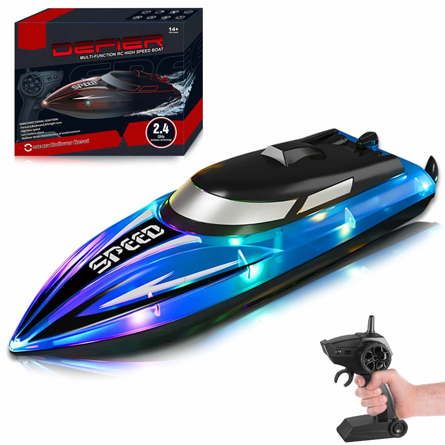 Barco teledirigido Rose con iluminación LED – Control 2,4G motorizado, impermeable y antivuelco – Lancha para niños, incluye 2 baterías