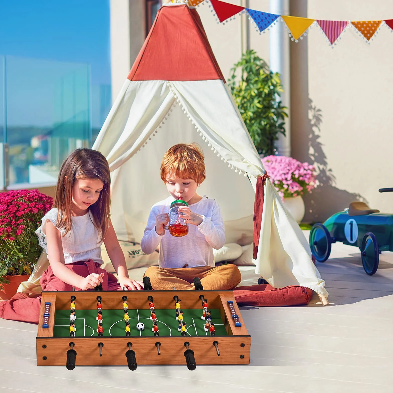 HOMASIS Mesa multijuegos de Madera para niños, Mesa de futbolín y Air Hockey con Asas duraderas, Mesa de Juego de fútbol para el hogar, Bar, Oficina, para niños de 4+ años, 69x36x10cm, Multicolor
