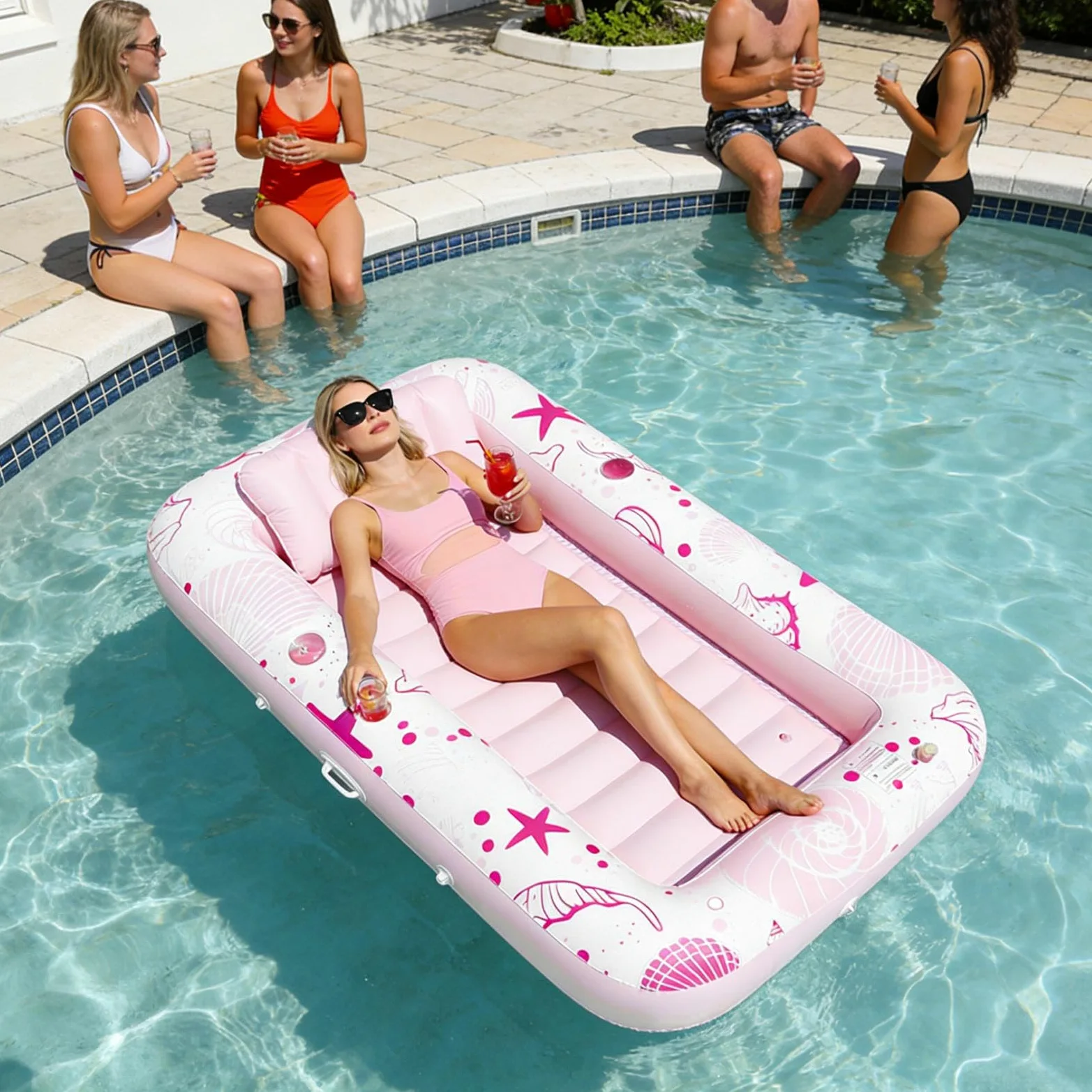 Balsa flotante para bañera de sol, flotador inflable para piscina con portavasos, tumbona de PVC azul y rosa para parejas, familia, tomar el sol, bronceado, playa, lago, resort, relajación de verano