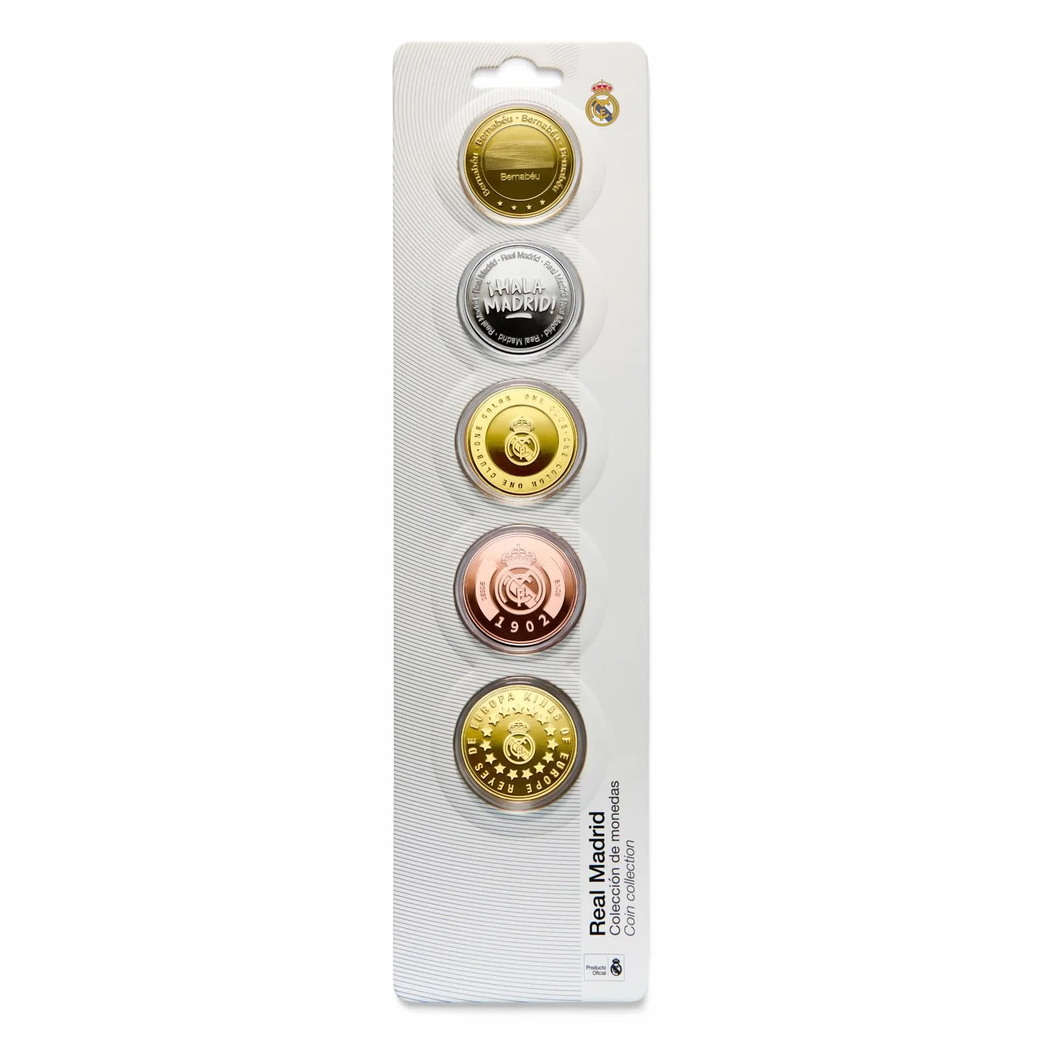 Real Madrid - Pack de 5 Monedas edición Especial - Reyes de Europa Oro, One Club One Color Oro, 1902" Cobre, ¡HALA Madrid! Níquel y Estadio Bernabéu Plata - Producto Oficial