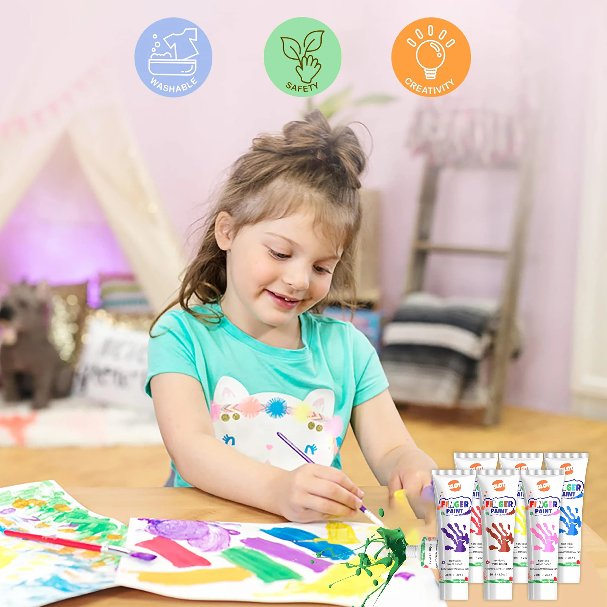 BLOT Pintura de Dedos para Niños Lavable Juego de Pintura para Dedos No Tóxicas con Pincel Esponja Paleta para Niños Infantes Escuela Jardín Aprendizaje Temprano