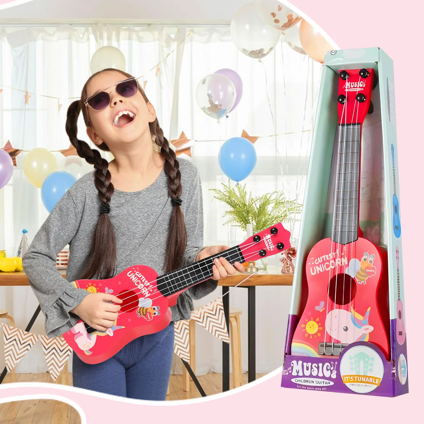 Guitarra de Juguete para Niños - 42cm con 4 Cuerdas Ajustables - Ukelele Música Juguete para Pequeños Principiantes Niñas