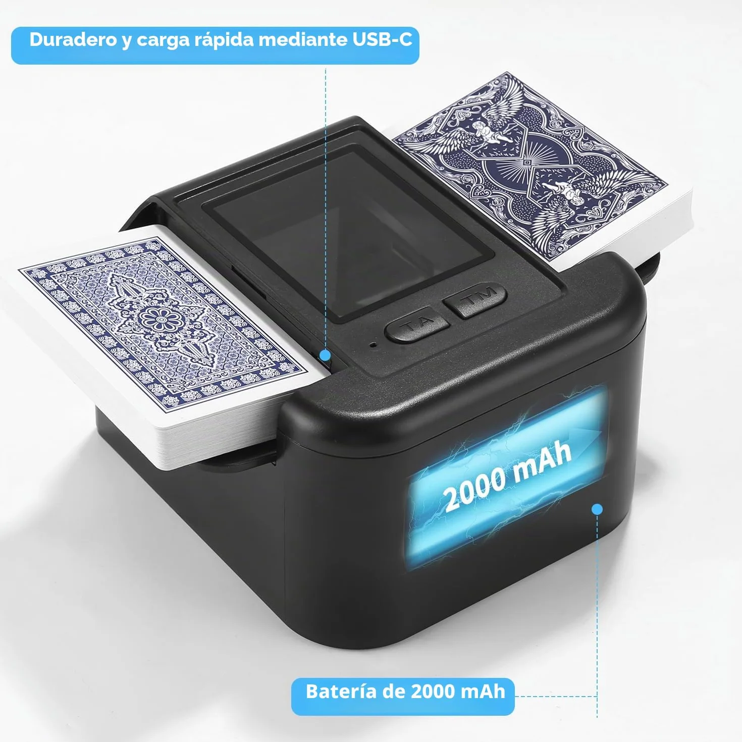 Mezclador automático de tarjetas silencioso y recargable, para 2 juegos de tarjetas, mezcladora de 2000 mAh, para UNO, póquer, Texas Hold'em negro