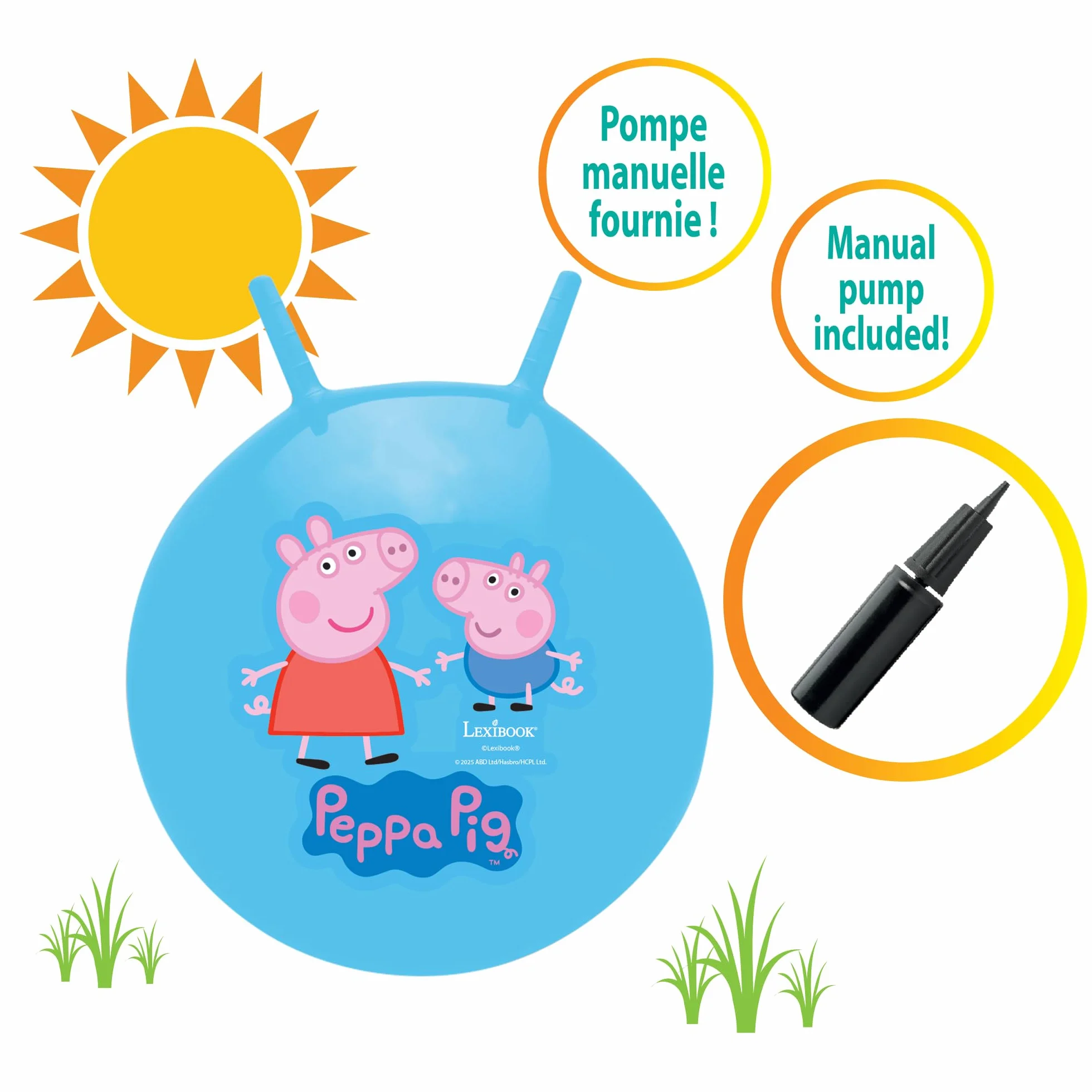 LEXIBOOK, Peppa Pig, Pelota saltarina Inflable, Bomba Manual incluida, Plásticos Seguros y duraderos, Azul, BG040PP