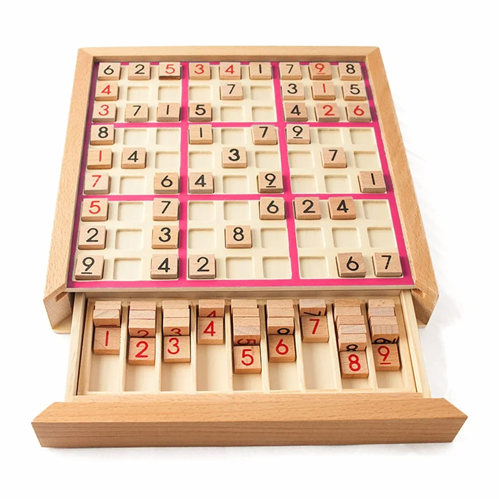 Lechnical Juego de Rompecabezas de Madera Sudoku Juego de Sudoku de Madera con cajón Math Brain Teaser Juguetes de Escritorio