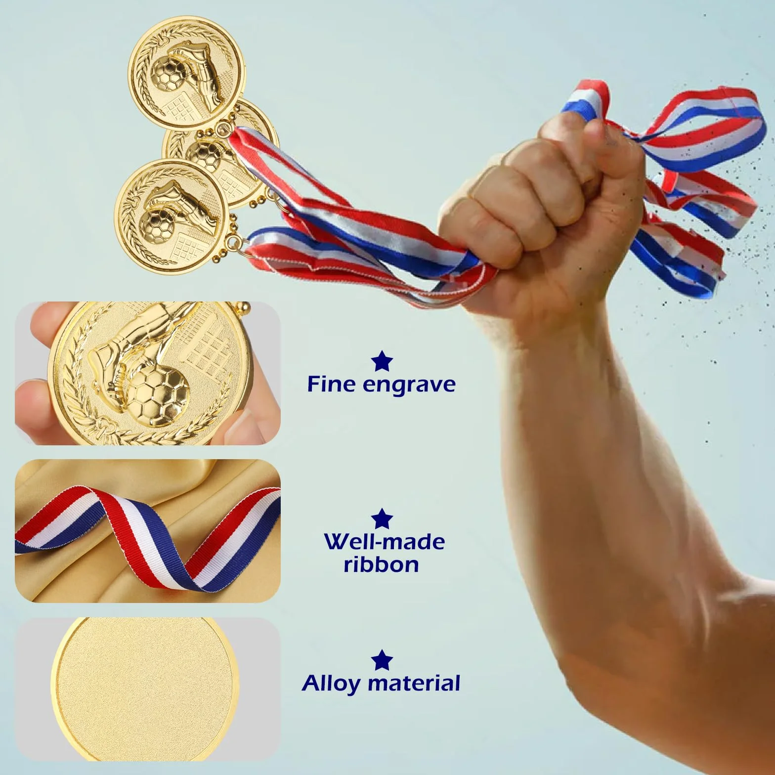 GeeRic 12 Piezas Medallas Niños Metal Futbol con Cintas Dorado Estilo Olímpico