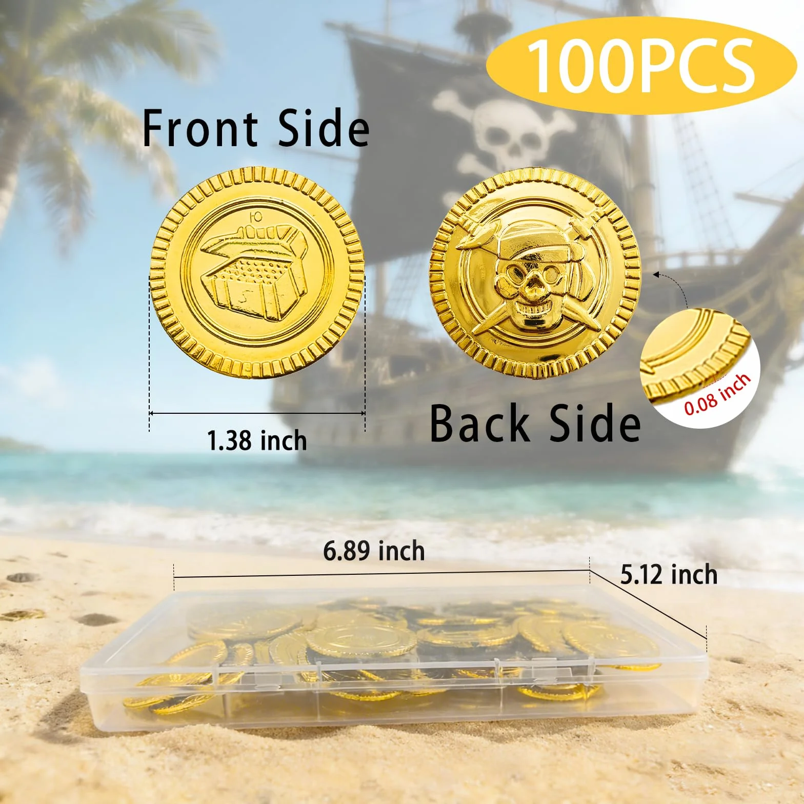 100 Piezas Piratas Monedas Juguete plástico Set | con Caja Transparente | Búsqueda del Tesoro Monedas de Oro, | Ideal para Decorar Fiestas de cumpleaños, sorteos de la Suerte, etc.
