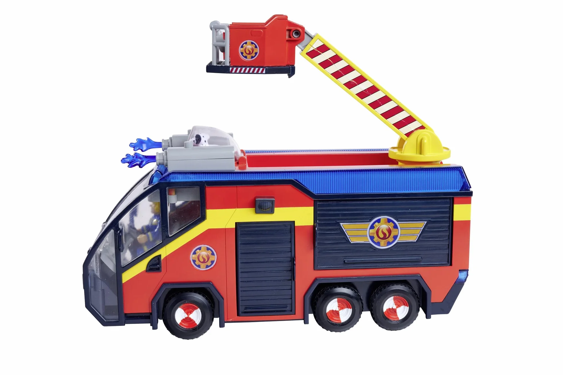 Simba 109252595 Figura de Júpiter Bombero, camión de Bomberos, Sam y Radar, Efectos de luz, Sirena, Escalera giratoria, Flechas de Agua, Plataforma para Quad, 32 cm, Accesorios, a Partir de 3 años