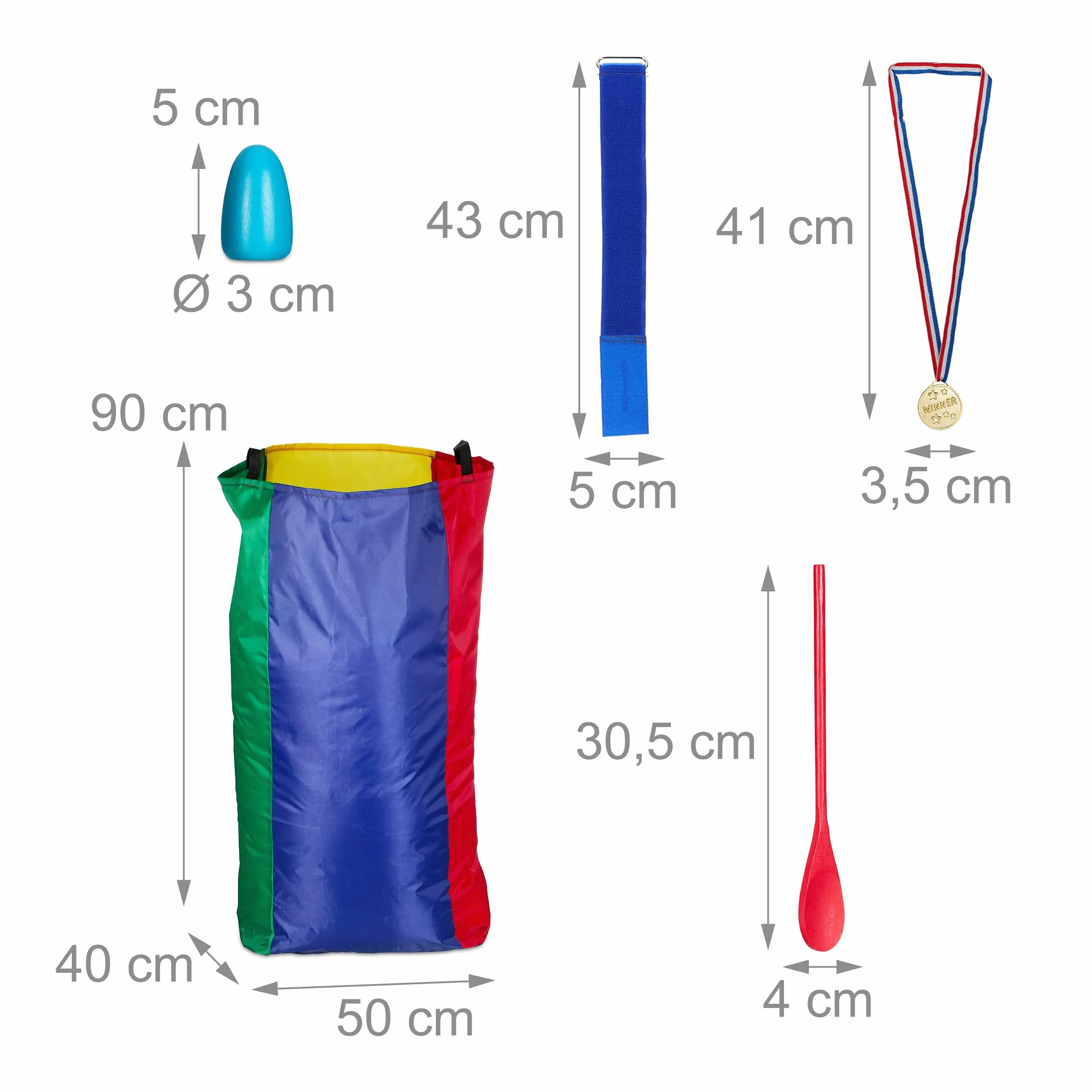 Relaxdays Aire Libre para niños en el Set Juegos Infantiles de Exterior, Gincana, Carrera de Sacos, de Huevos y de Tres Piernas, 24 Medallas, Multicolor, Poliéster, 90 x 50 x 40 cm
