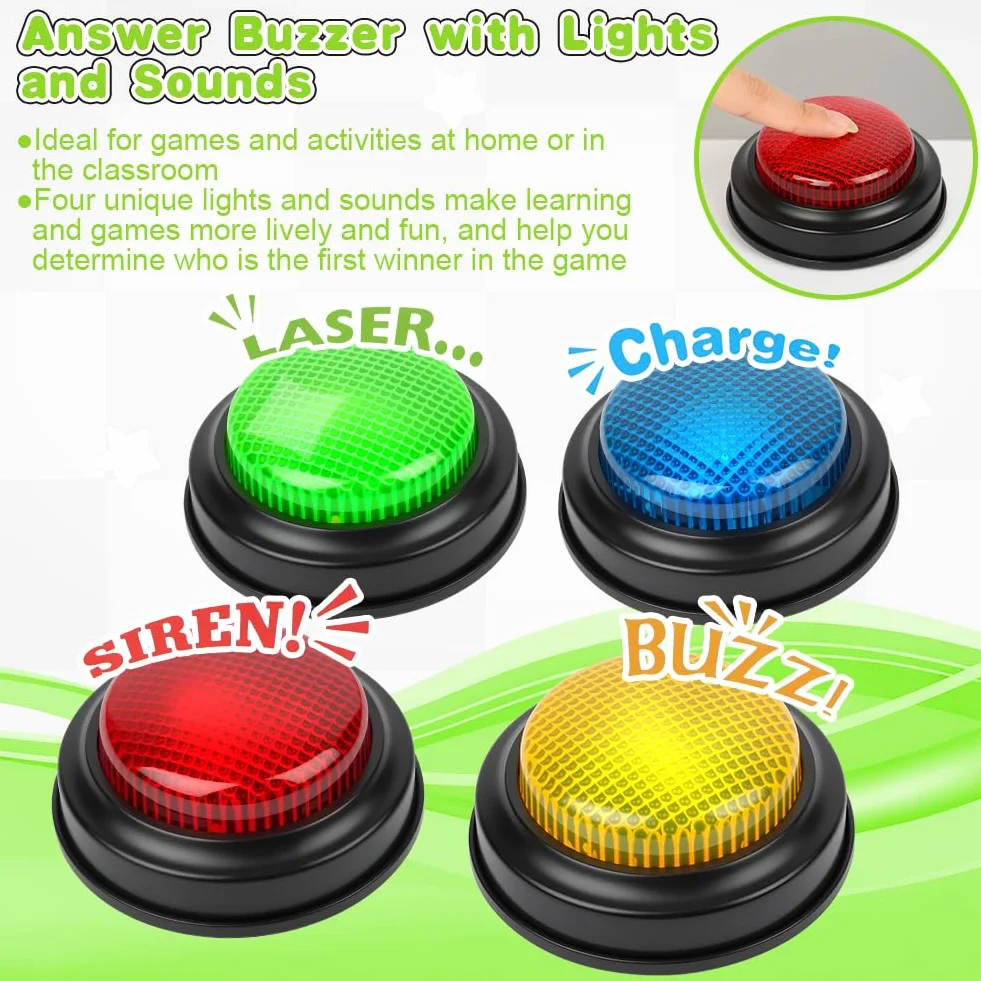 Botones de Respuesta, Accesorio para Quizz Timbre Luminoso y sonoro, Color Surtido, 4 Unidades, Juegos Educativos Regalos