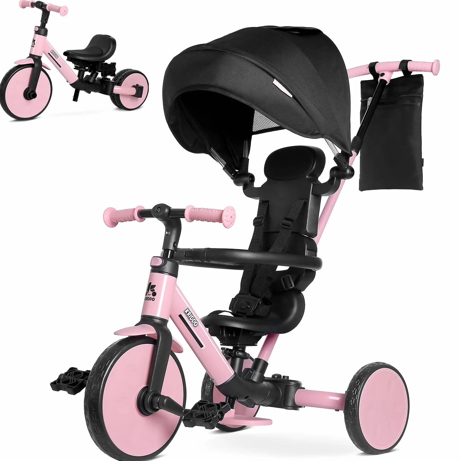 KRIDDO Triciclo Evolutivo 8 en 1 para Niños de 18 Meses a 5 Años, con Barra de Empuje, Triciclo y Bicicleta con o sin Pedales, Arnés de 5 Puntos Mejorado, Capota Plegable y Bolsa, Rosa