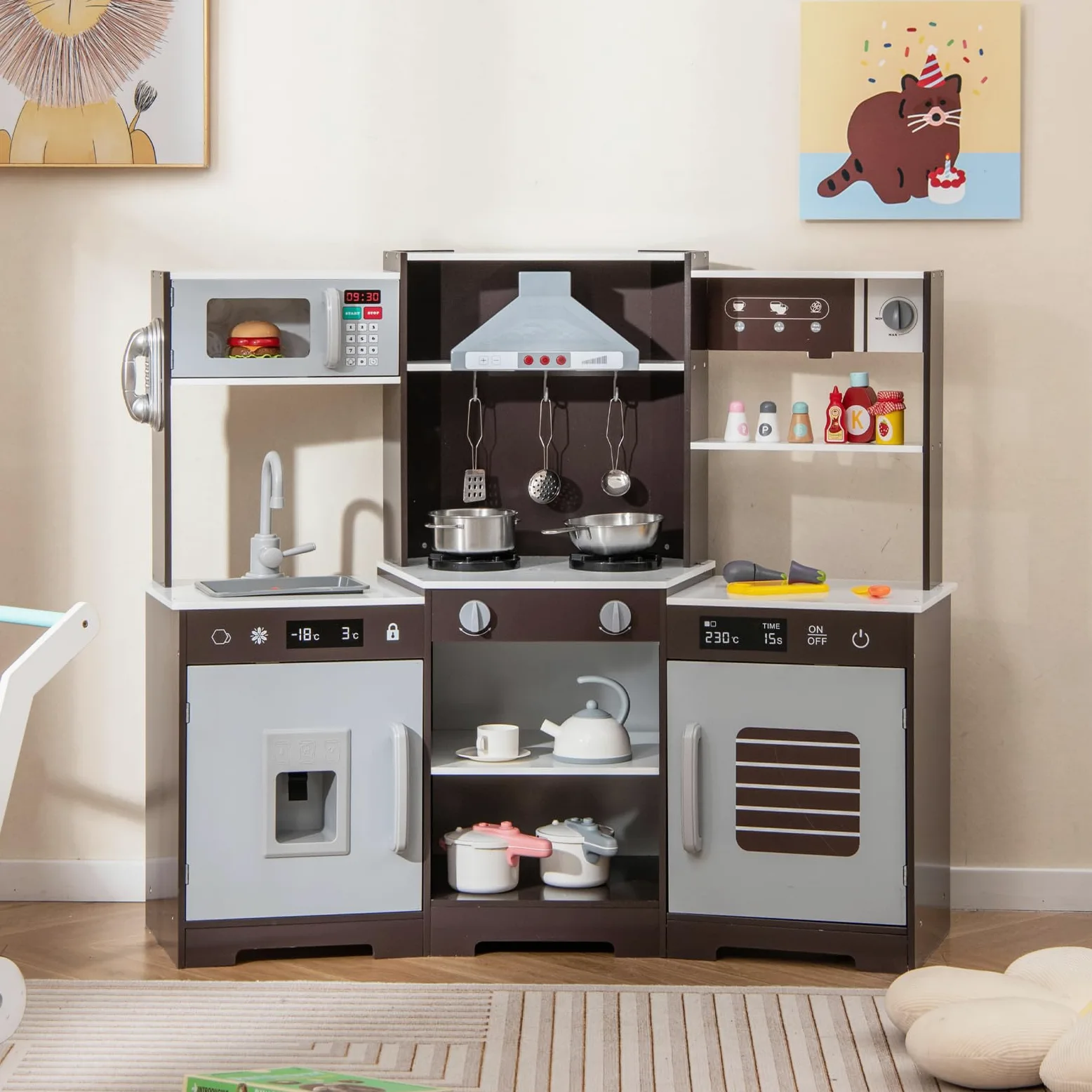 HOMASIS Juego de Cocina para niños, Cocina Infantil con Sonidos y Luces simuladas, teléfono, microondas, cafetera, heladera y Horno, Cocina de Juguete para niños de 3+ años, 110x43x92cm (Marrón)