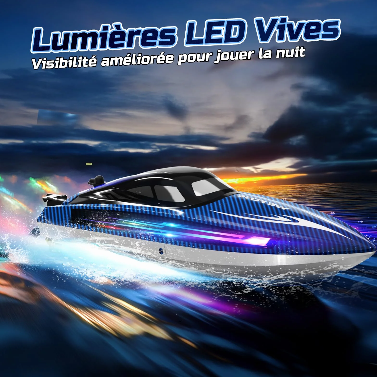WeFone Barco teledirigido para adultos, 25+ KMH Fast RC Speed Boat con luz LED para niños, DEMO, WF17, ideal para piscinas y lagos de juguete, 2 baterías recargables durante 30-40 minutos (azul)